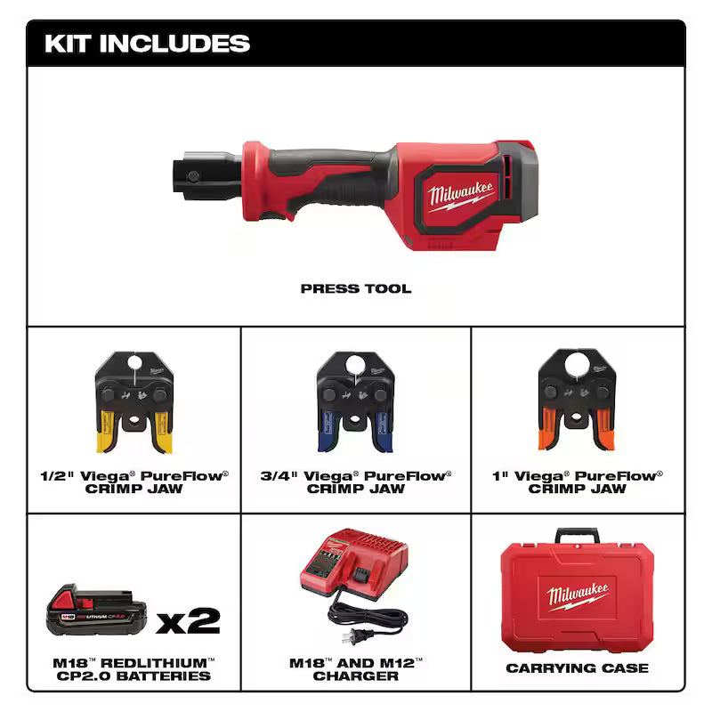 M18 18V Lithium-Ion Cordless Short Throw PEX Press Tool Kit w/ (3) Viega PureFlow Jaws,(2) 2.0Ah Batteries & Charger