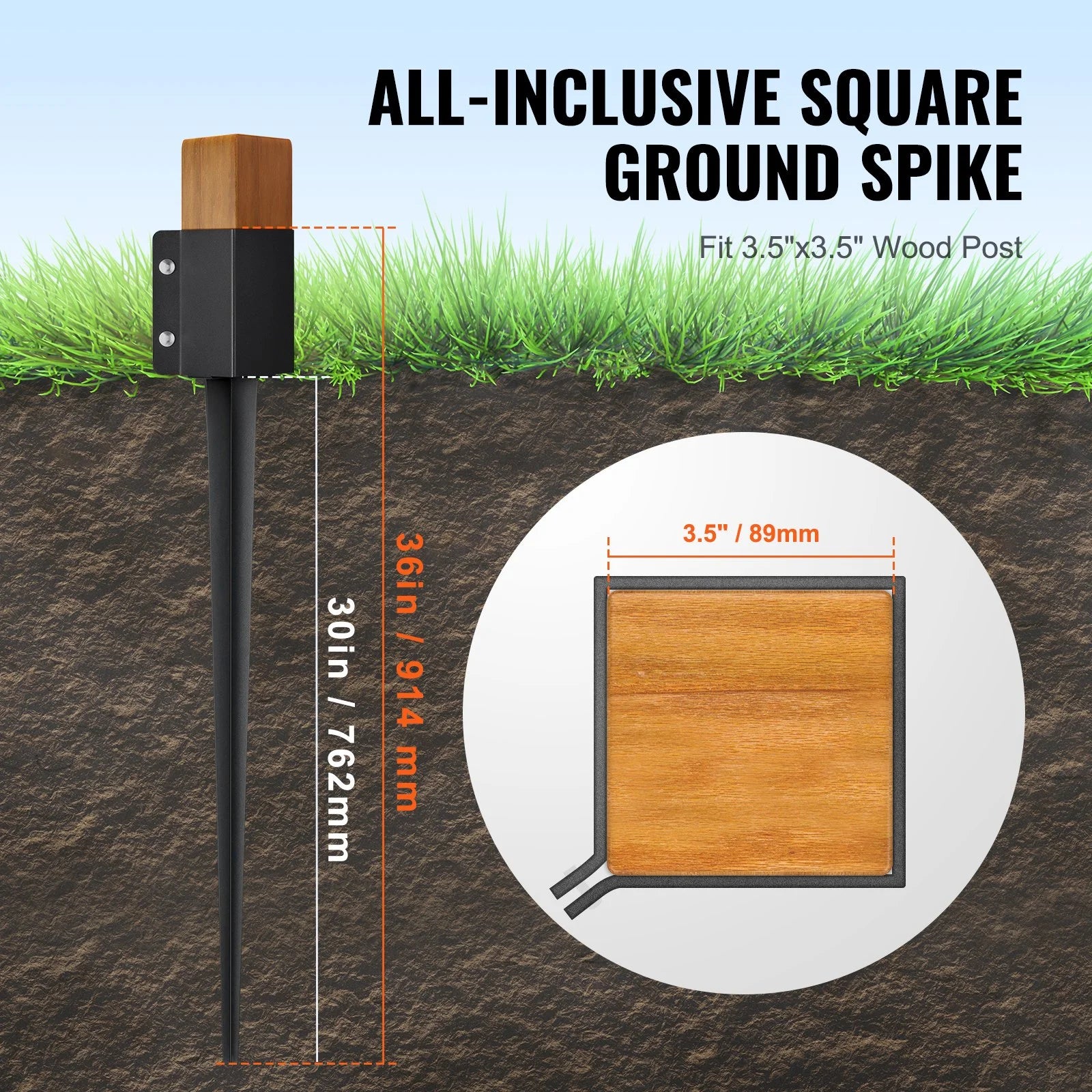 VEVOR Fence Post Anchor Ground Spike - 8 Pack, 36x4x4 Inches, Black Powder-Coated Metal, Fits 3.5x3.5 Inch Posts - Ideal for Mailbox, Deck, Garden Railing