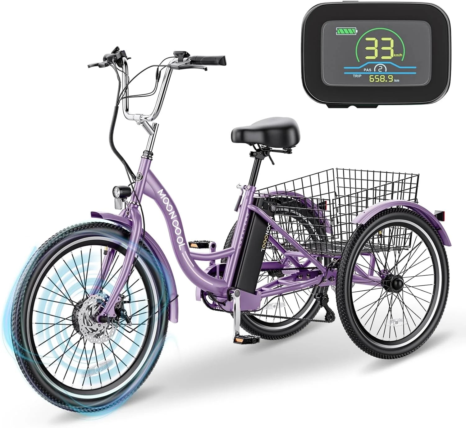 Mooncool 24" 26" 3 Wheel Electric Tricycle for Adults, 350W 36V 7 Speeds Motorized Electric Trike Three Wheel Electric Bikes Bicycle with Large Basket & Accessories for Women Men