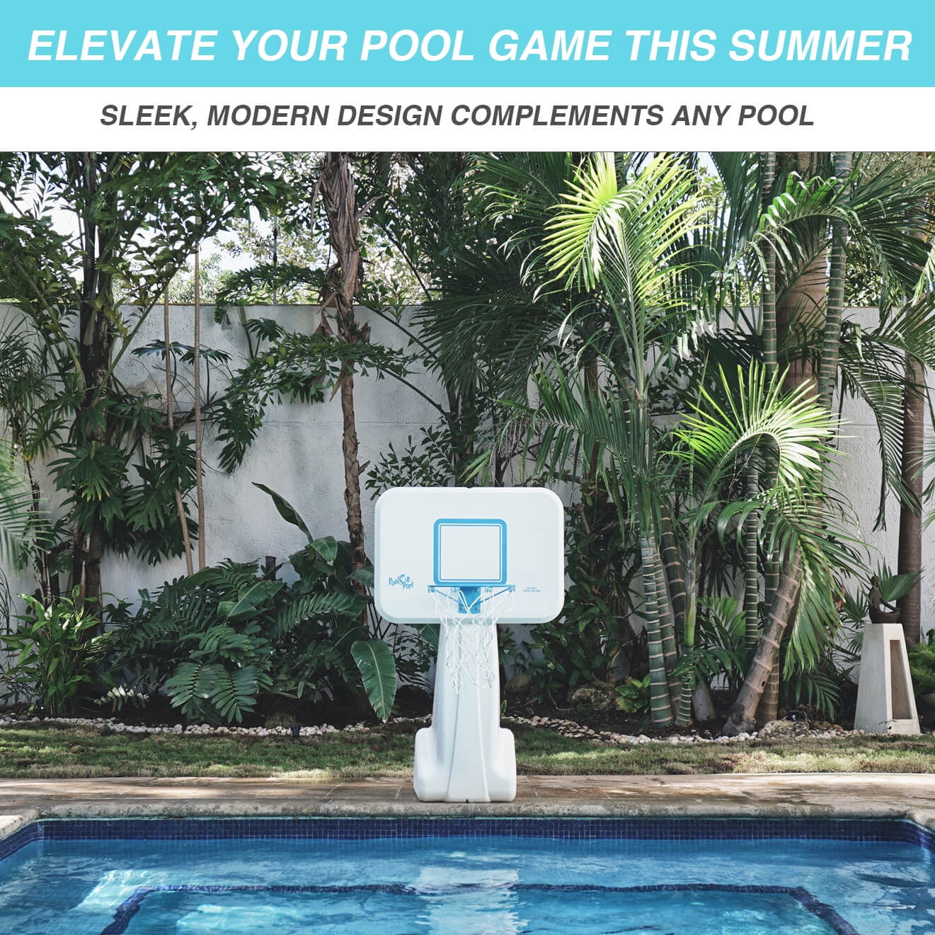 Dunn-Rite Pool Sport poolside basketball unit. The Dunn-Rite Pool Sport Portable Pool Basketball Hoop (B950) features a color-matched ball textured ball, 13.5" stainless steel rim (36" height)