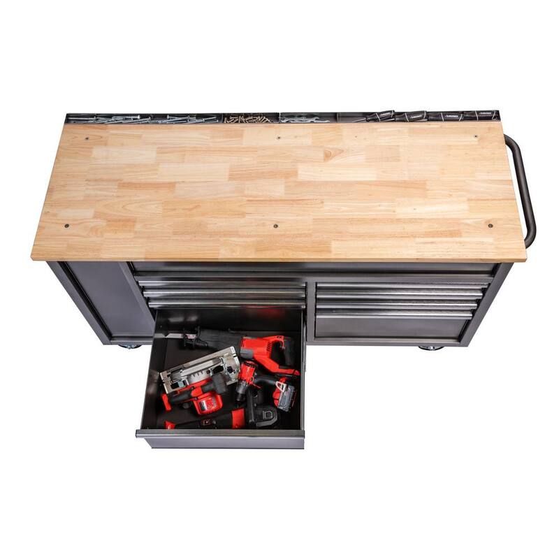 61 in. W x 24 in. D Standard Duty 10-Drawer Mobile Workbench Tool Chest with Sliding Bin Storage Drawer in Silver