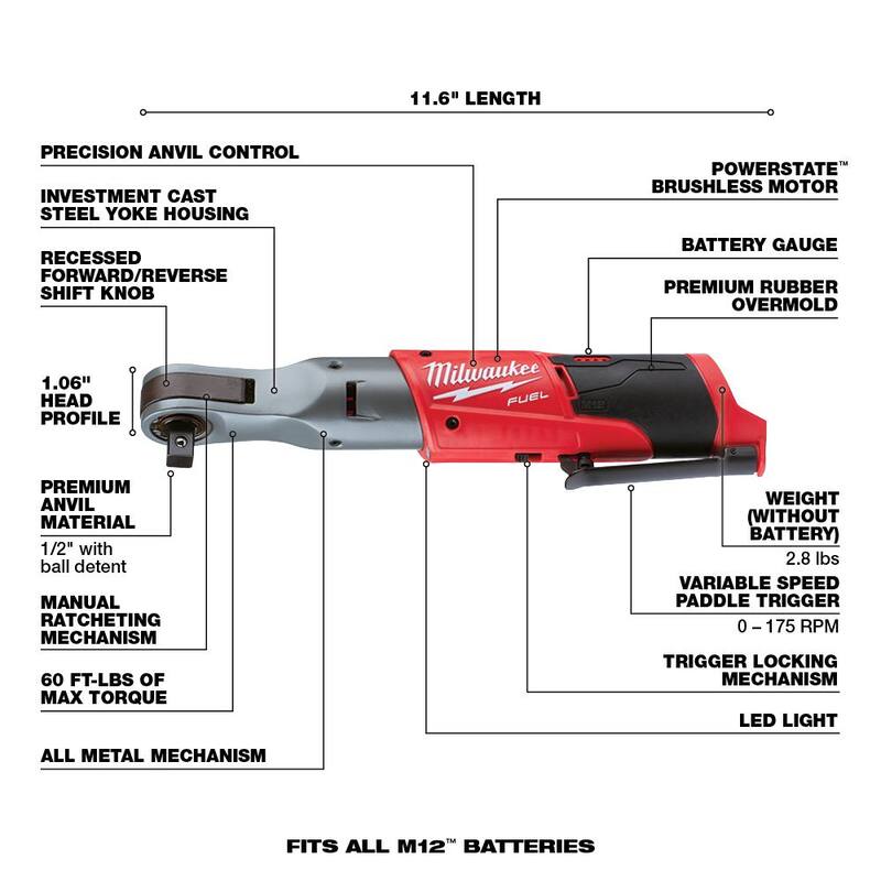 M12 FUEL 12V Lithium-Ion Brushless Cordless 3/8 in. and 1/2 in. Ratchet with Two 3.0 Ah Batteries