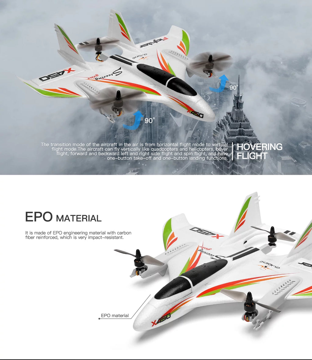 TOPTENG WLtoys XK X450 RC Airplane, 2.4G Remote Control 6 Channel Brushless Motor Aircraft, Vertical Takeoff LED RC Glider Fixed Wing Plane RTF