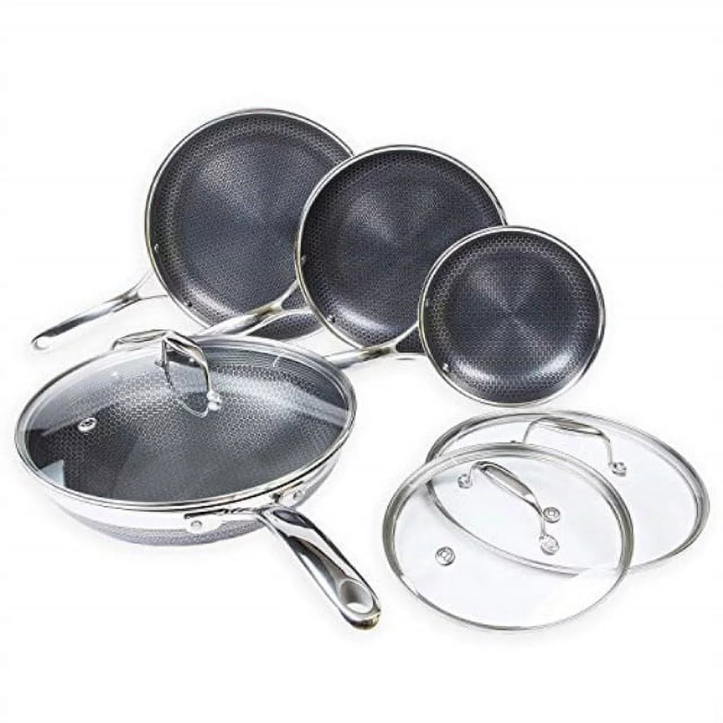 HexClad 7-Piece Hybrid Stainless Steel Cookware Set with Lids and Wok, Non-Stick Fry