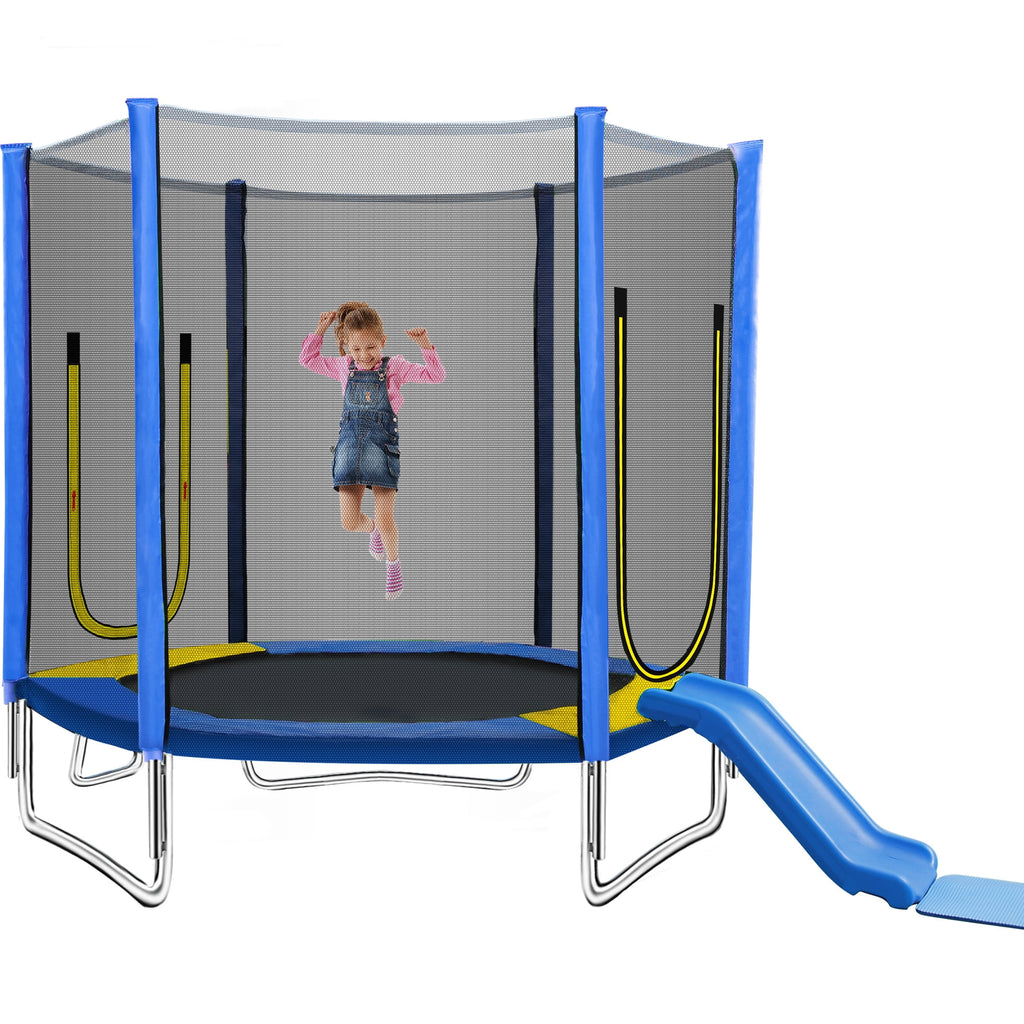 EUROCO 800LBS 7FT Kids Trampoline with Safety Enclosure Net, Indoor Outdoor Trampoline with Slide,Ladder,Spring Pad,All-Weather Trampolines (Age3-12) for 3-4 Kids, Easy Assembly Round Trampoline,Blue