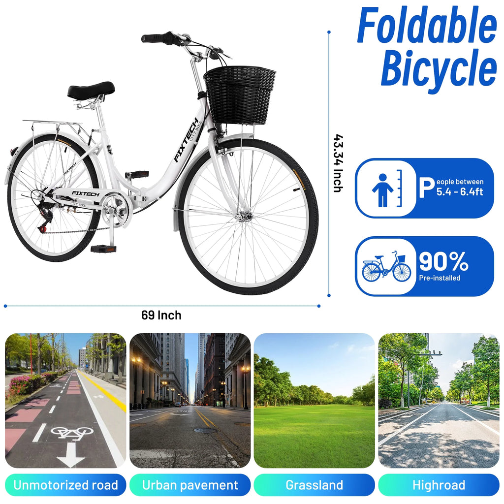 FIXTECH 26 Inch 7 Speed Foldable City Bike, Cruiser Bike, Carbon Steel Bicycle for Adults, White
