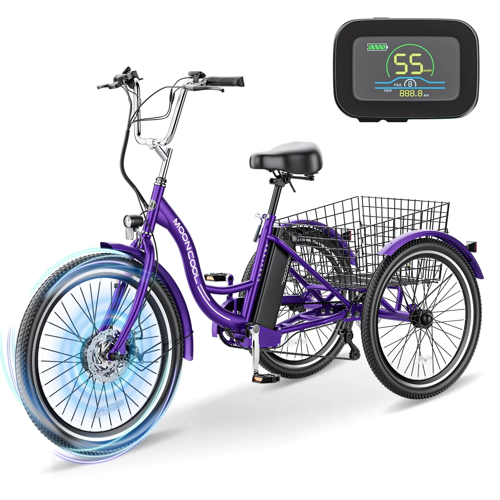 Mooncool 24" 26" 3 Wheel Electric Tricycle for Adults, 350W 36V 7 Speeds Motorized Electric Trike Three Wheel Electric Bikes Bicycle with Large Basket & Accessories for Women Men