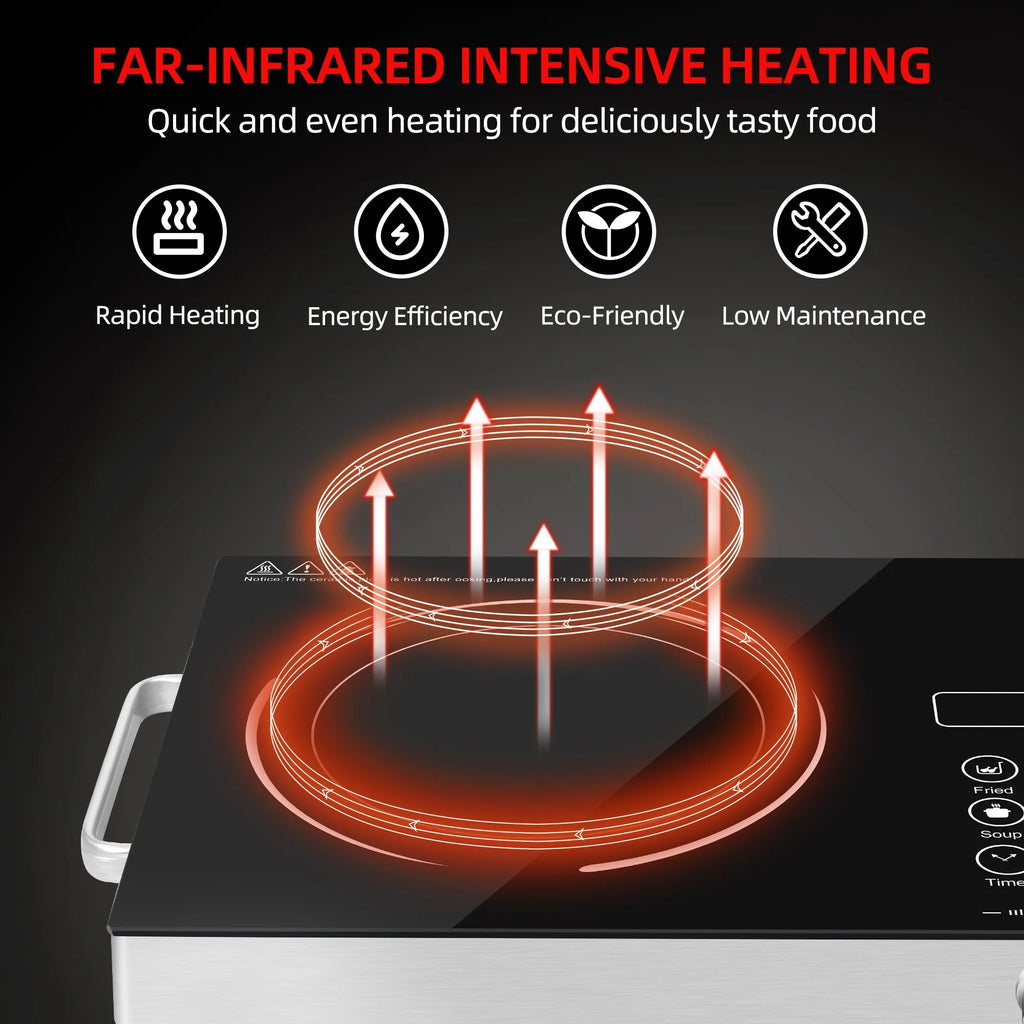 Electric Infrared Induction Cooktop Stove,Power range from 100W to 3500W,Compatible with All Cookware,Heat-Up In 5S with Cooking Timer,LED Screen,One-piece Panel for Easy Cleaning