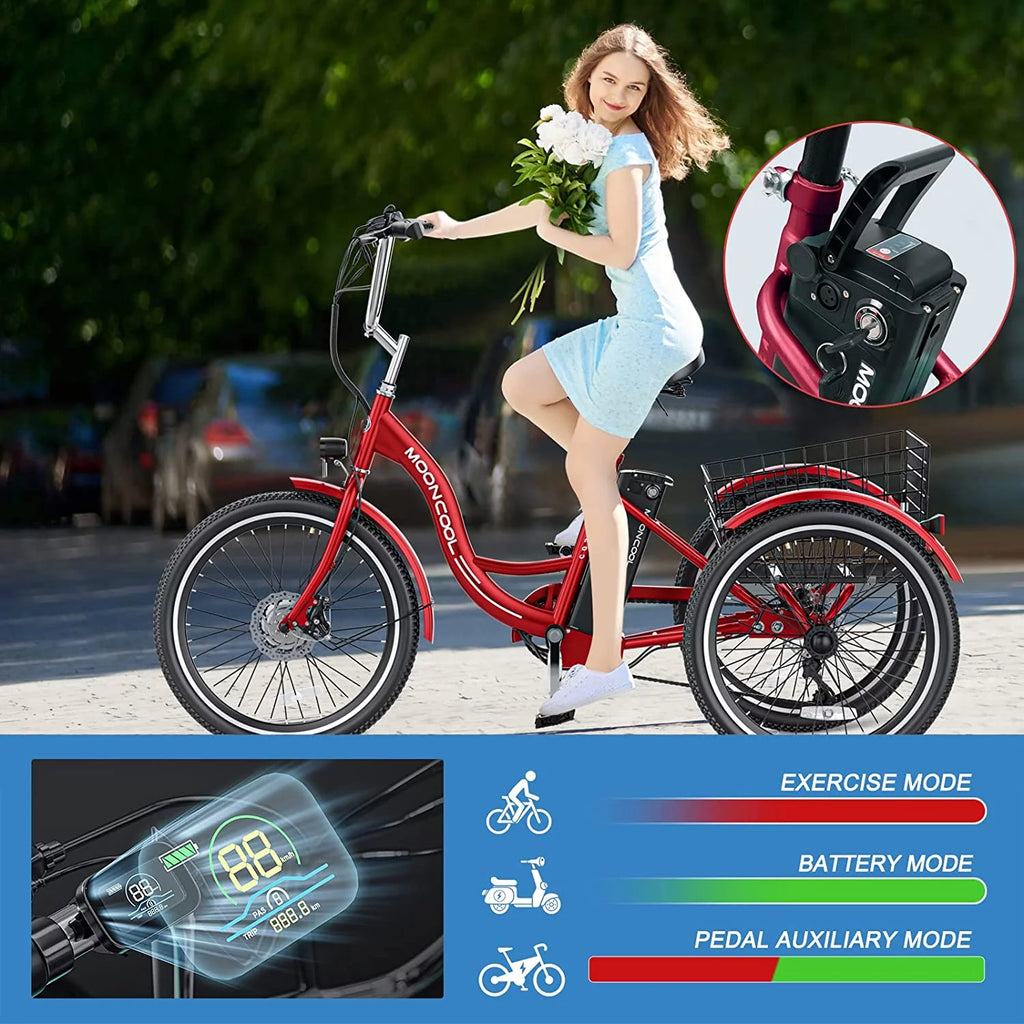 Mooncool 24" 26" 3 Wheel Electric Tricycle for Adults, 350W 36V 7 Speeds Motorized Electric Trike Three Wheel Electric Bikes Bicycle with Large Basket & Accessories for Women Men