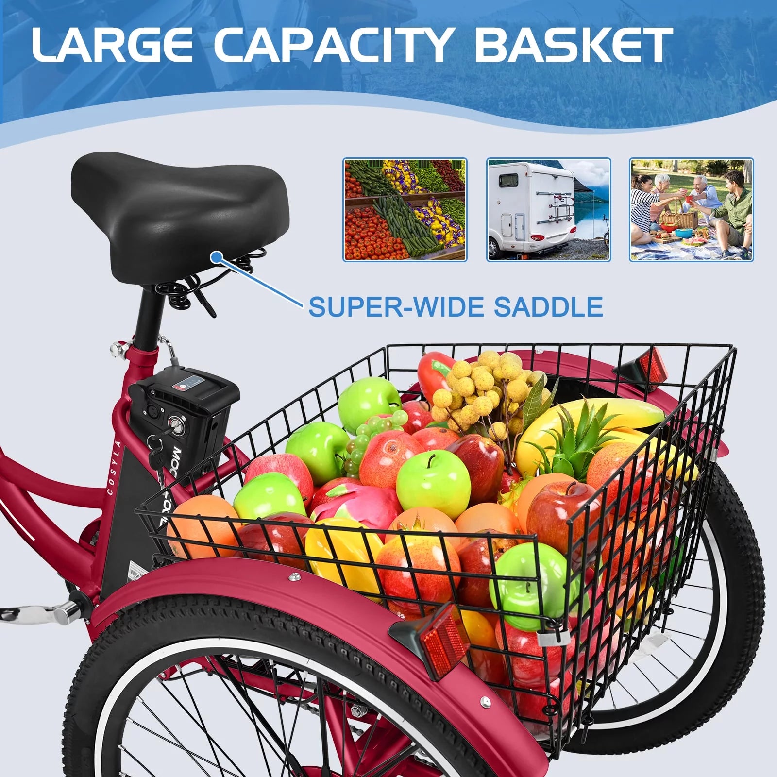 Ficisog 24" Adult Electric Tricycles, 350W 7-Speed Electric Tricycle with Removable Lithium Battery, Unisex 36V 14.5AH