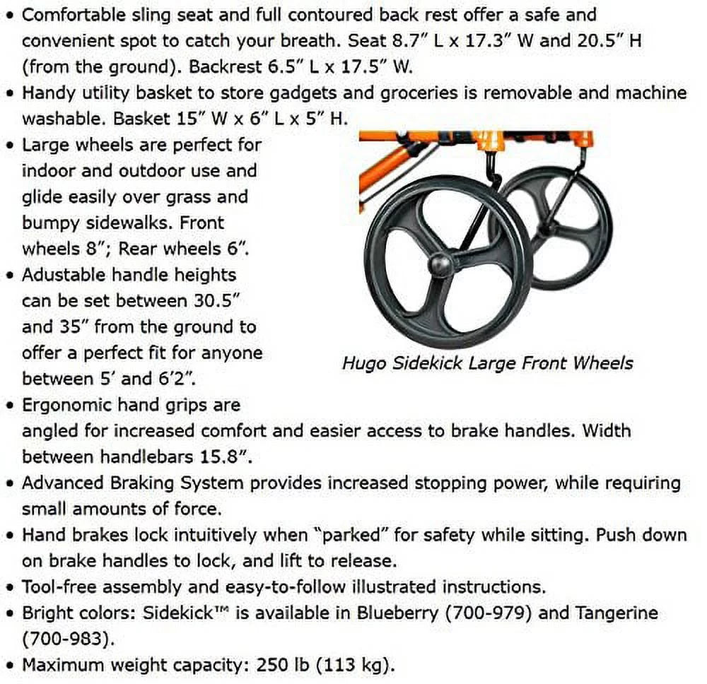 Hugo Mobility Sidekick Side-Folding Rollator Walker with Seat, Blueberry