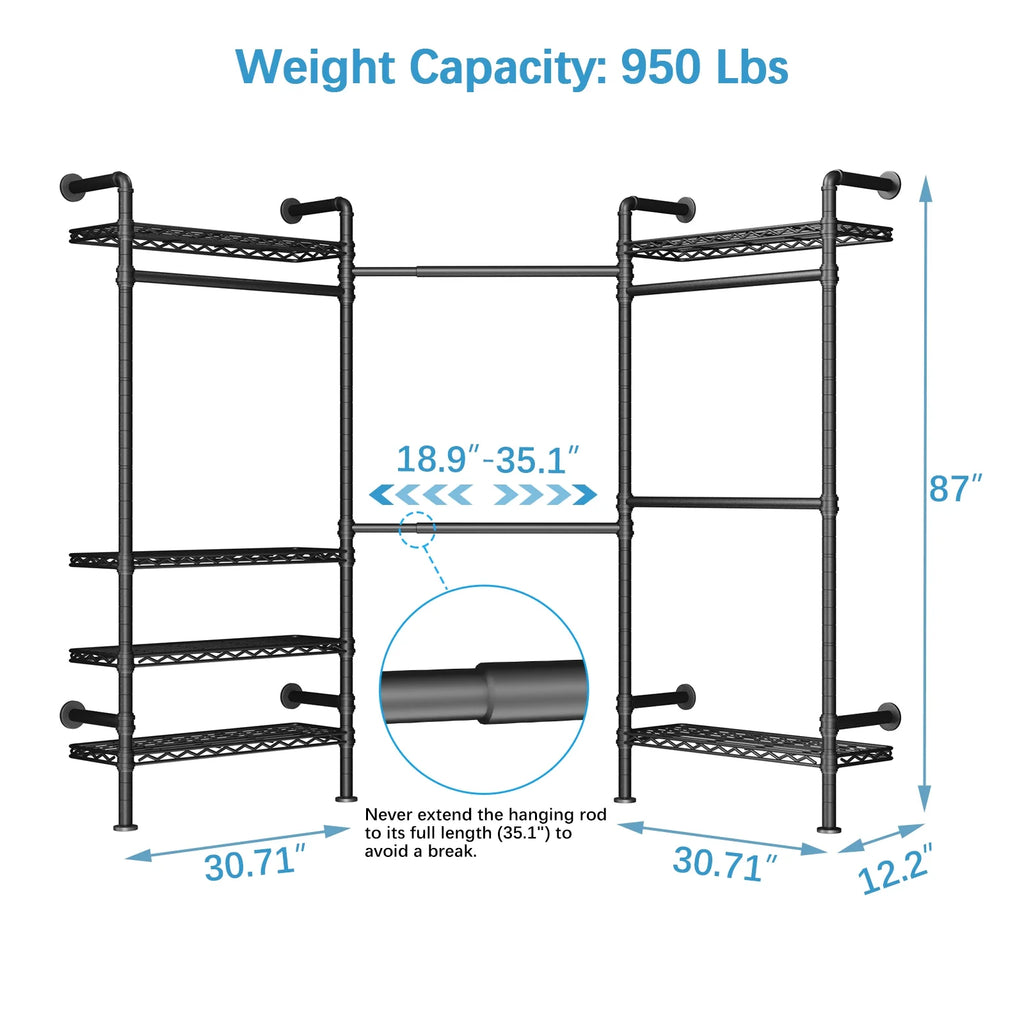 Timate L3 L Shape Garment Rack Heavy Duty Clothes Rack, Industrial Pipe Wall Mounted Clothing Rack Storage Closet Kit, Black