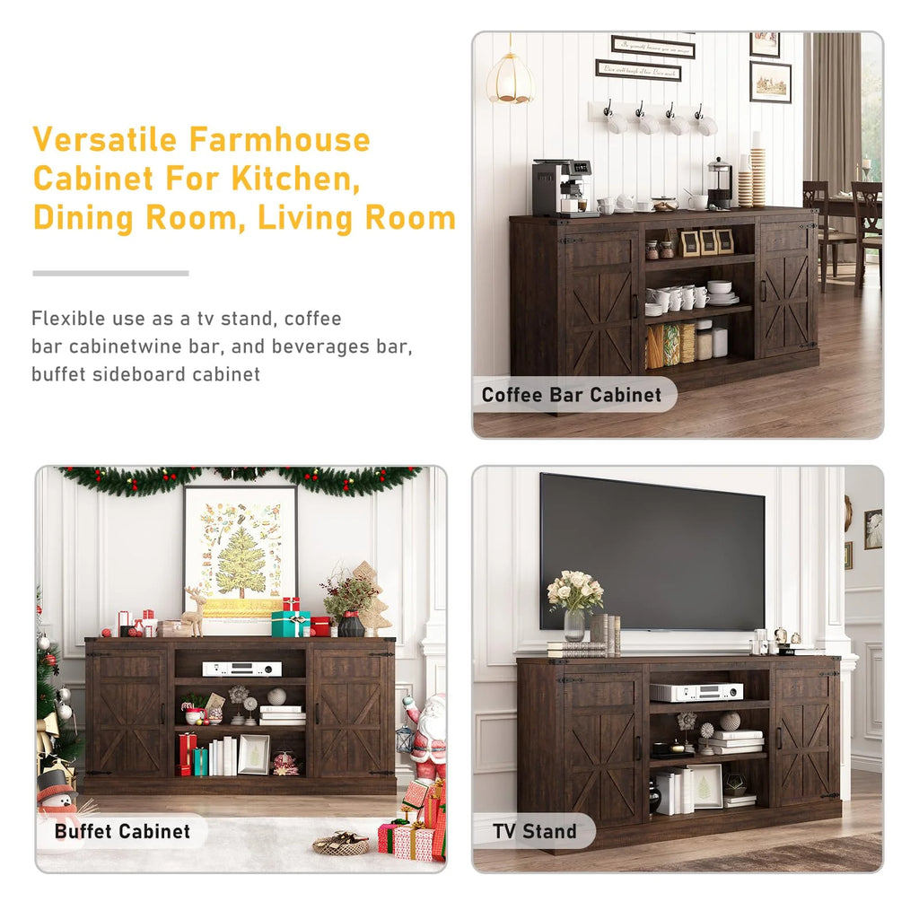 4 Layer Farmhouse Coffee Bar Cabinet With Power Outlet & LED Light, 57" Barn Door Buffet Cabinet Kitchen Storage With Adjustable Shelves(Brown)