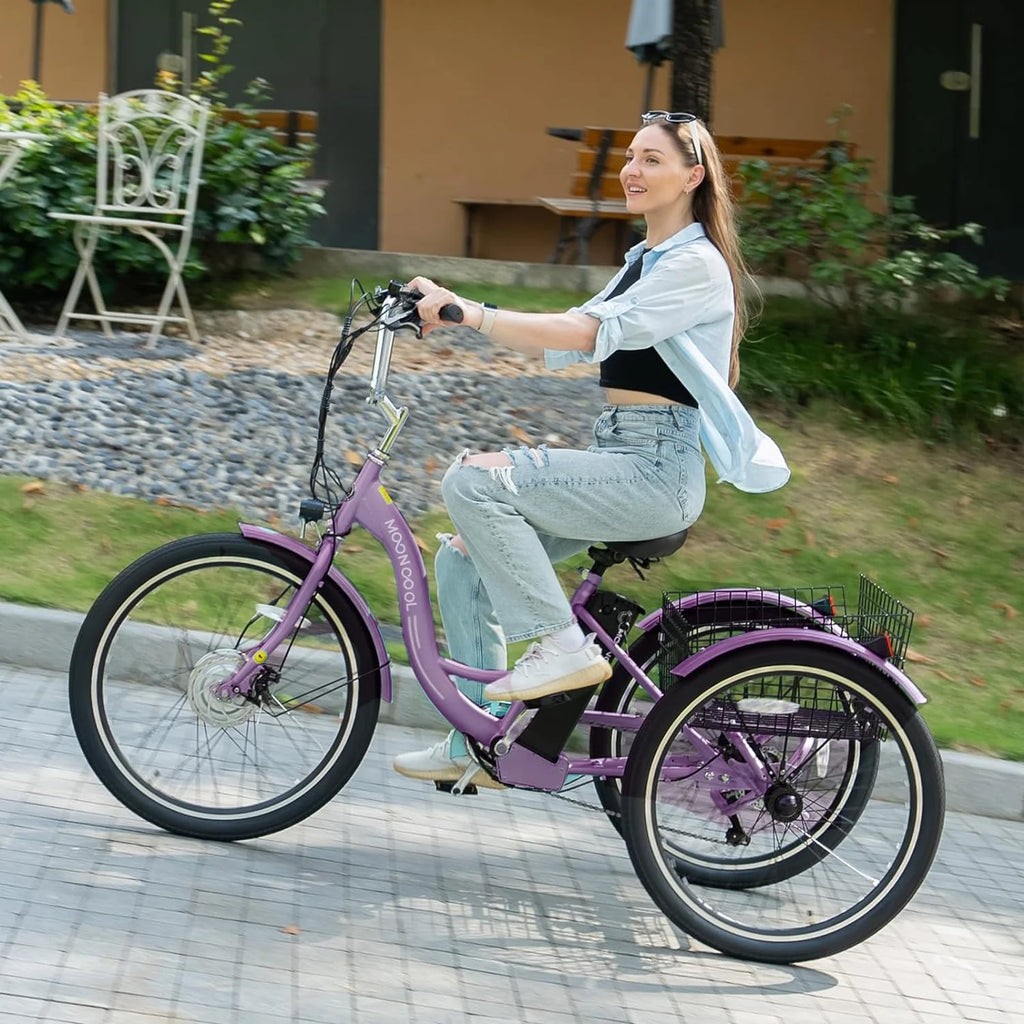 Mooncool 24" 26" 3 Wheel Electric Tricycle for Adults, 350W 36V 7 Speeds Motorized Electric Trike Three Wheel Electric Bikes Bicycle with Large Basket & Accessories for Women Men