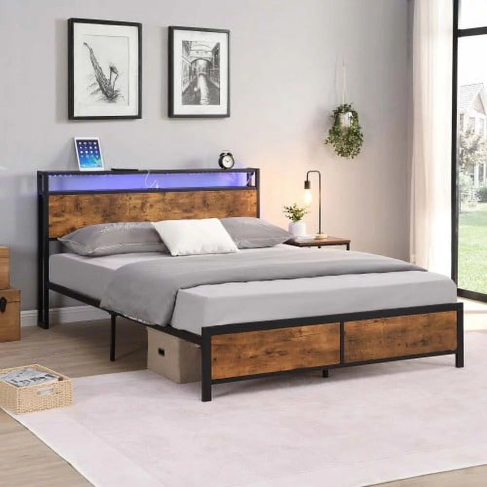 Full Bed Frame with LED Lights,Full Size Bed Frame with Headboard Storage,Platform Bed Frame with Outlets and 2 USB Ports,Metal Bed Frame with Storage,Noise Free,No Box Spring Needed,Antique Brown