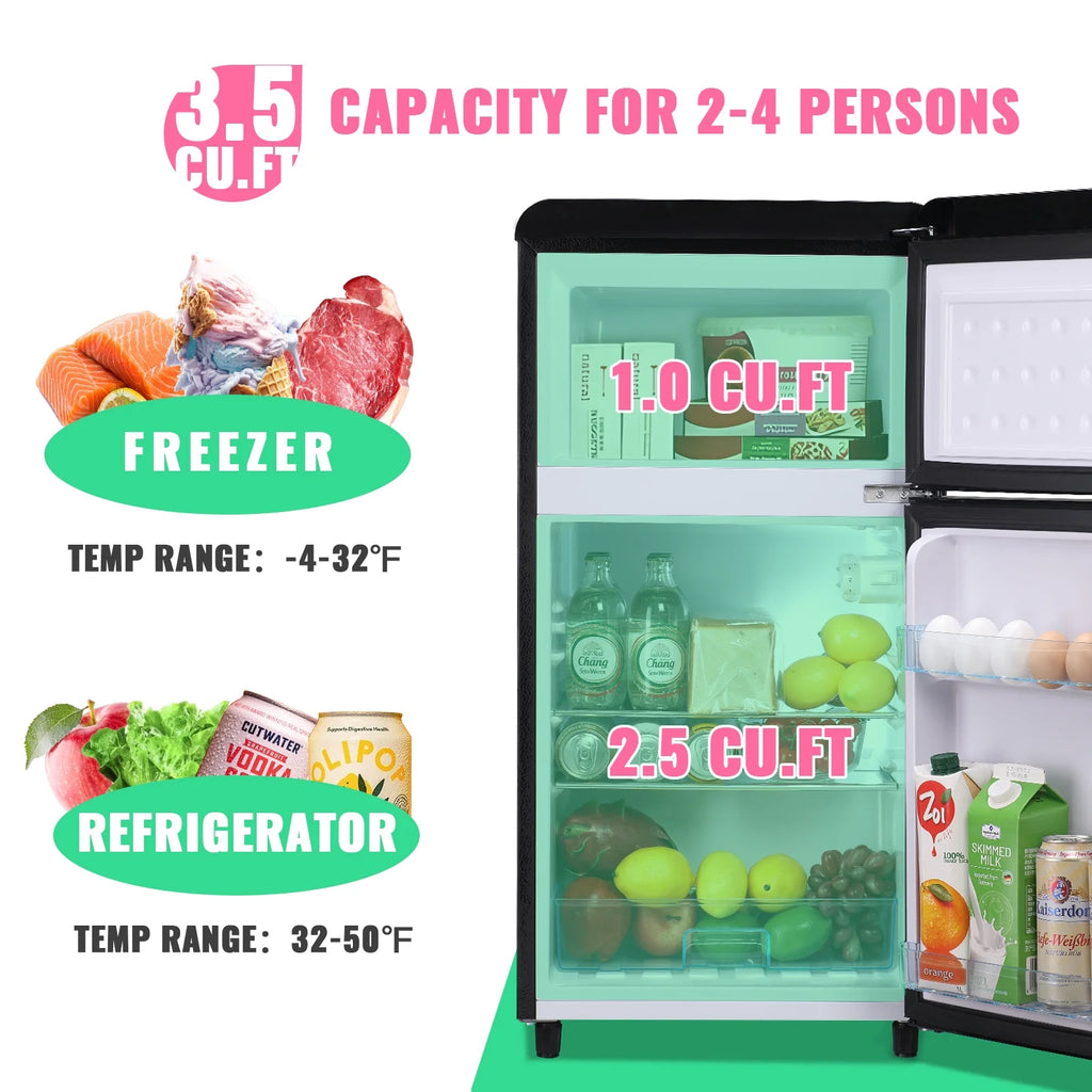 DEMULLER 3.5 CU.FT Mini Fridge 2 Door Compact Refrigerator  7 Adjustable Temperature Control White