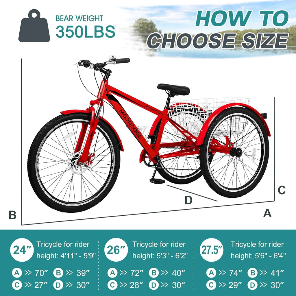 Mooncool Adult Mountain Tricycle, 7 Speed Three Wheel Bike, 24/26/27.5 Inch Adults Trikes for Seniors with Shopping Basket, Exercise Men's Women's Tricycles