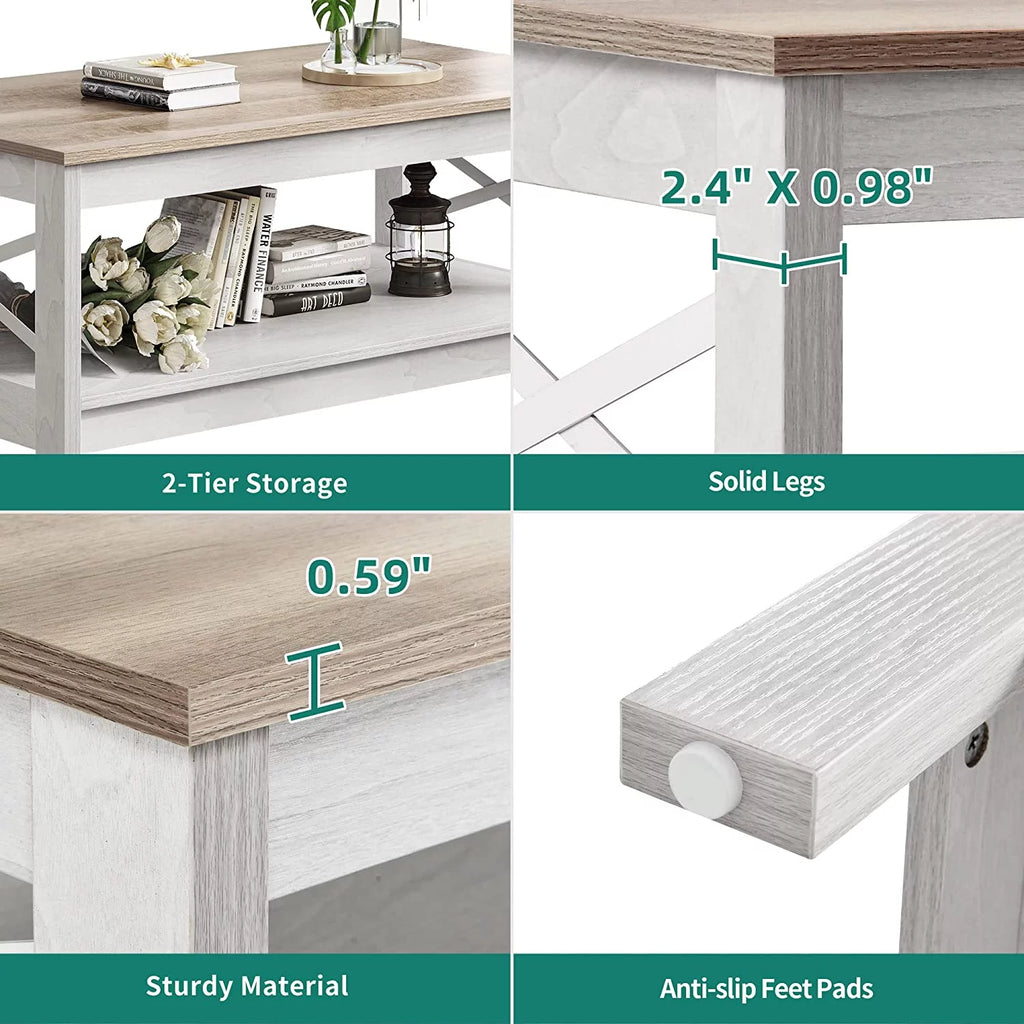 Dextrus Farmhouse Coffee Table 2-Tier Wood Center Table with Storage Shelf for Living Room, Gray, 39.7