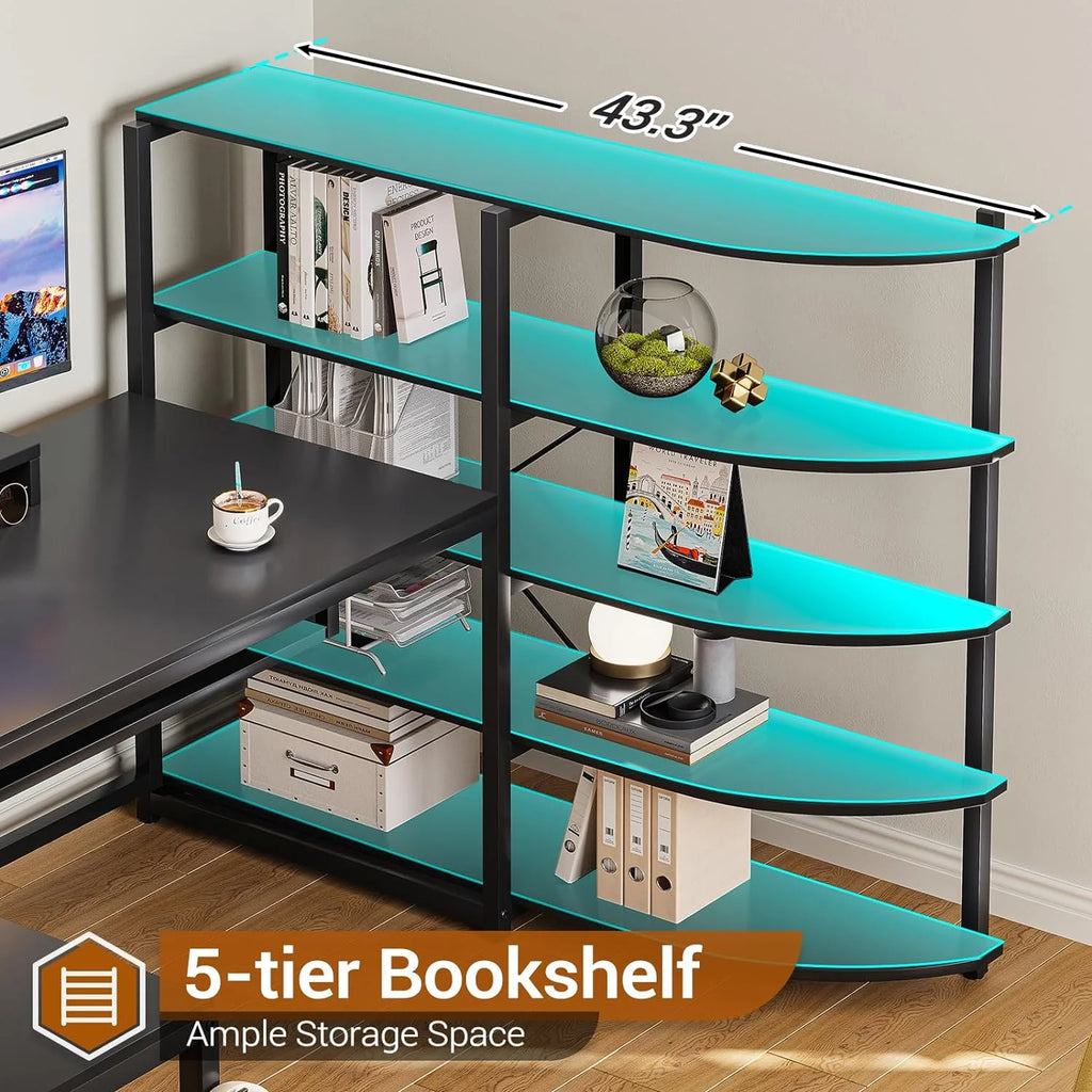 U-SHARE  L Shaped Computer Desk, 63'' Desk with Storage Shelves, Keyboard Tray, Monitor Stand and Headphone Hook, Corner Gaming Desk with LED Lights,