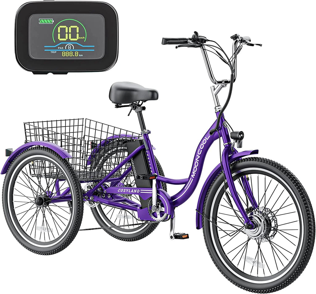 Mooncool 24" 26" 3 Wheel Electric Tricycle for Adults, 350W 36V 7 Speeds Motorized Electric Trike Three Wheel Electric Bikes Bicycle with Large Basket & Accessories for Women Men