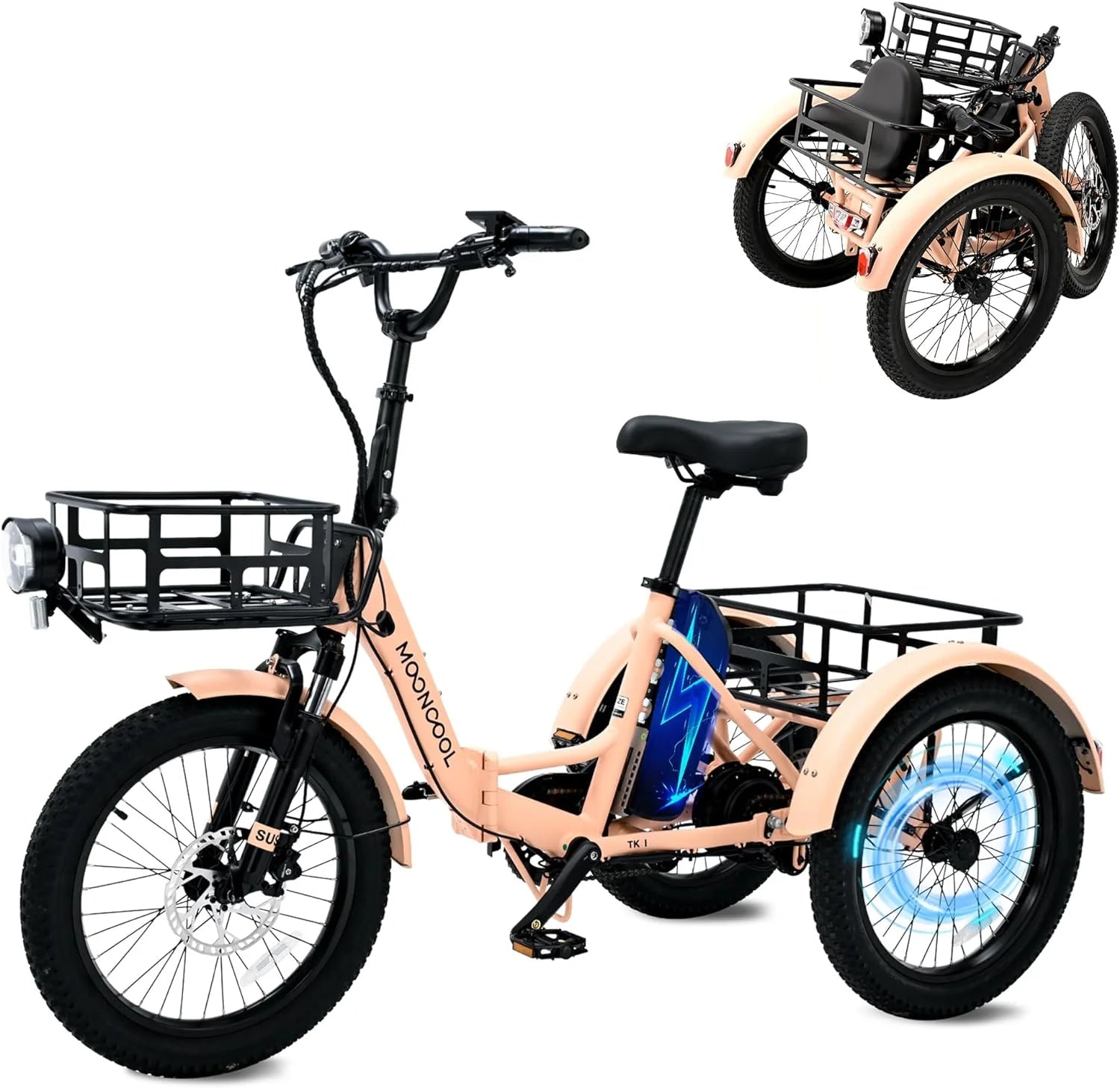 MOONCOOL 24"/26" Electric Tricycle for Adults, 350W 36V 7 Speeds Electric Trike Motorized Three Wheel Electric Bikes Bicycle with Large Basket for Women Men