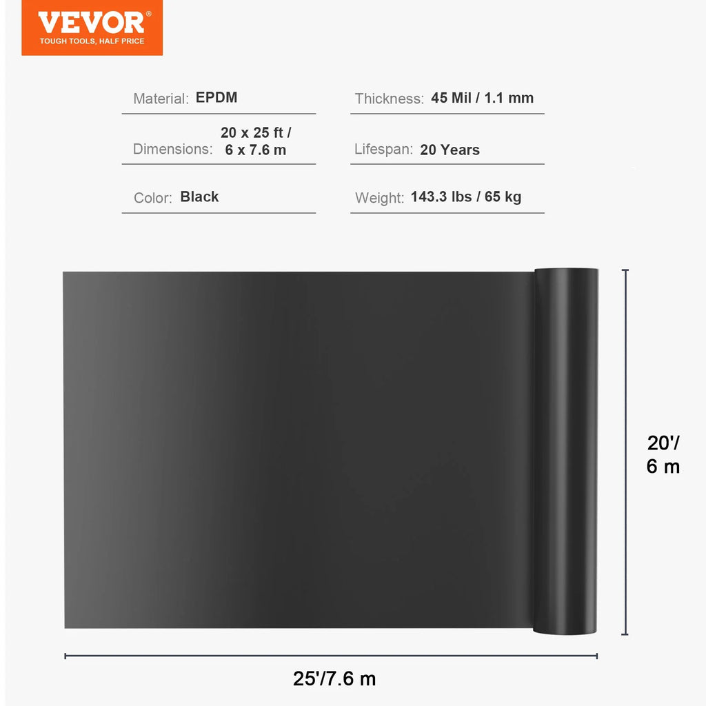 VEVOR EPDM Pond Liner, 20 x 25 ft, 45 Mil Thick, Black, Flexible Underlayment for Koi Ponds, Waterfalls, and Fountains