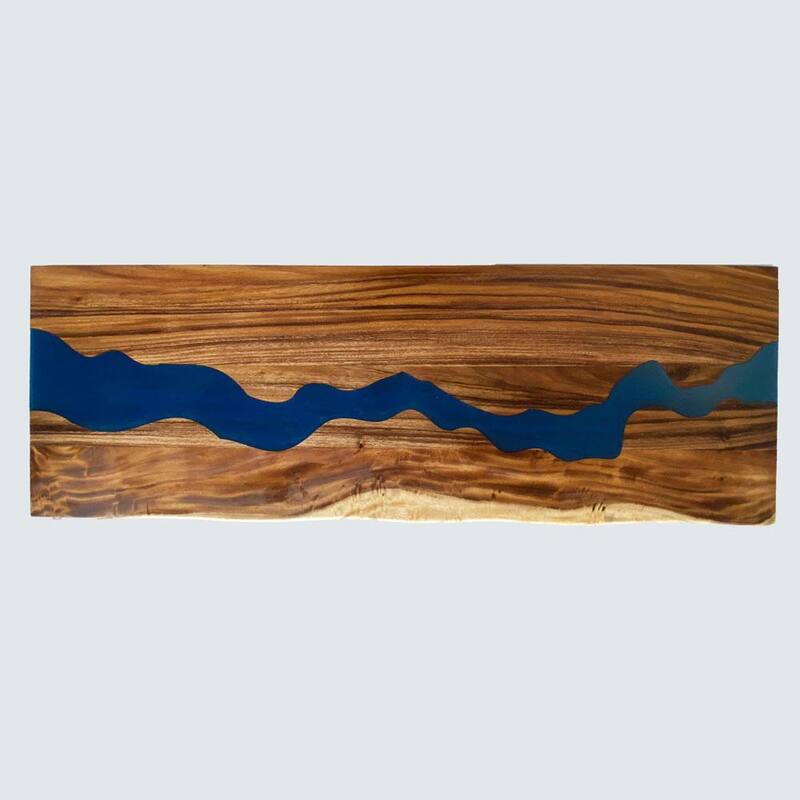 6 ft. L x 25 in. D UV Finished Saman Solid Wood Butcher Block Countertop With Live Edge and Blue Epoxy River