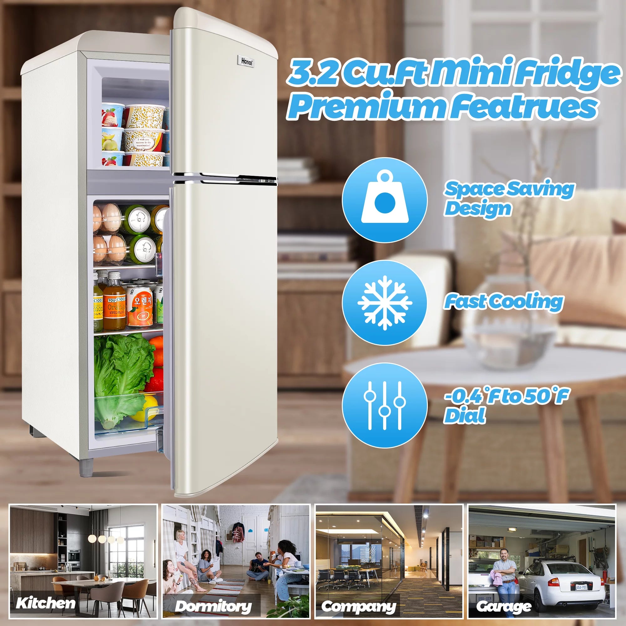 WANAI 3.5 Cu ft Two Door Mini Refrigerator with Freezer,Black