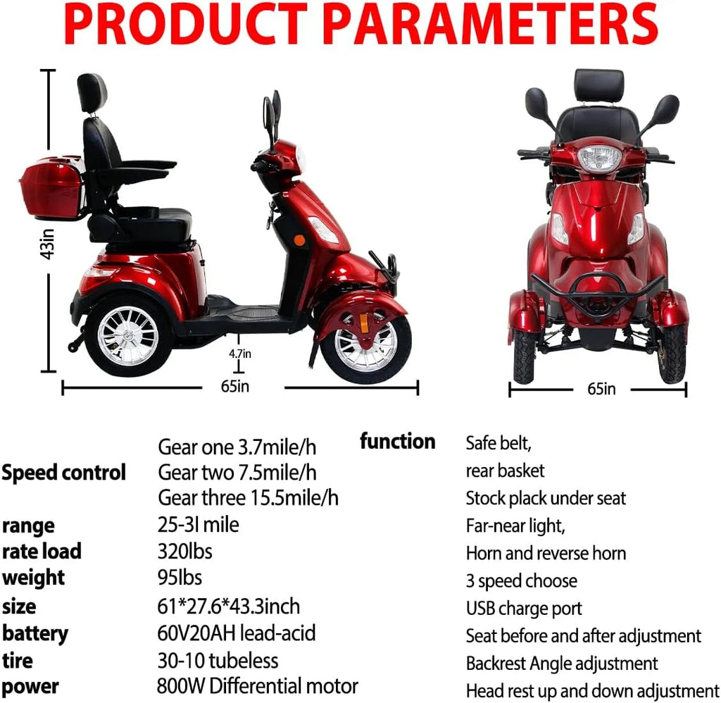 Mobility Scooters 4-Wheel Mobility Scooter Battery Powered Compact Rear Box 360 Degree Adjustable Seat  Red