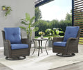 PARKWELL 3-Piece Outdoor Swivel Gliders with Side Table - Patio Wicker Bistro Furniture Set for Porch Deck Backyard - Blue Cushioned Swivel Rocking Chairs in Brown Wicker