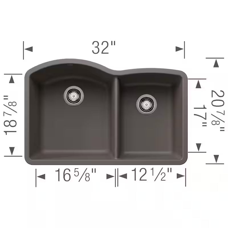 Diamond Silgranit 32.07 in. Undermount 60/40 Double Bowl Volcano Gray Granite Composite Kitchen Sink