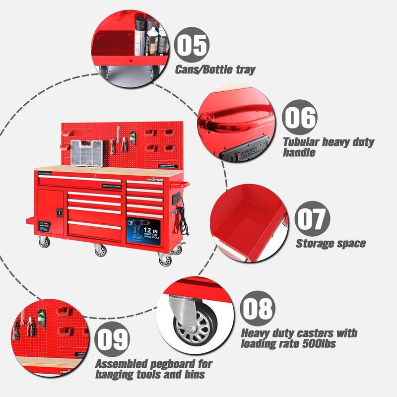 Heavy-Duty 62 in. 10-Drawer Red Tool Chest Mobile Workbench Cabinet with Pegboard Back Wall