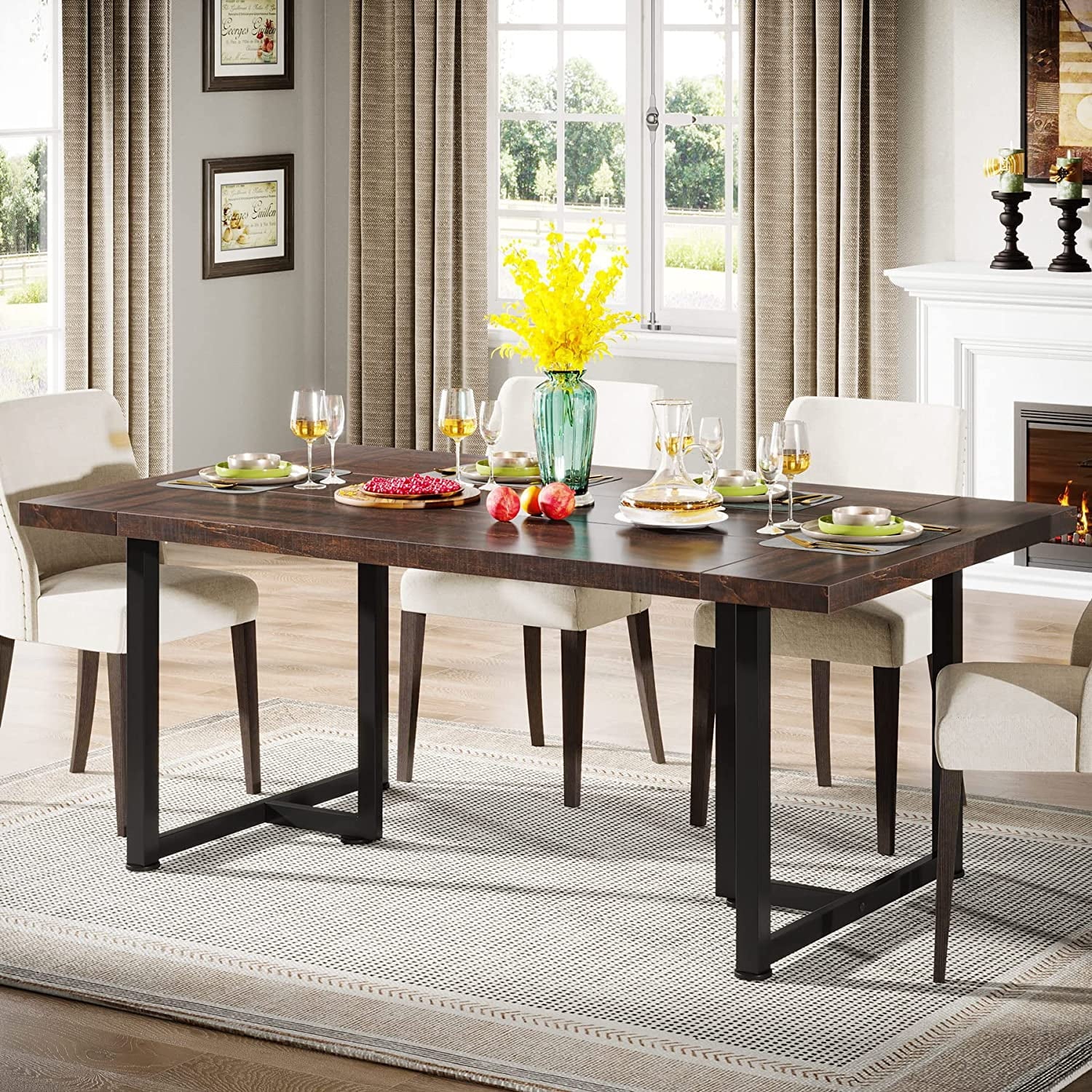Tribesigns Dining Table Kitchen Table for 6, Rectangular Table with Metal Frame for Dining Room, Kitchen, Vintage Brown & Black