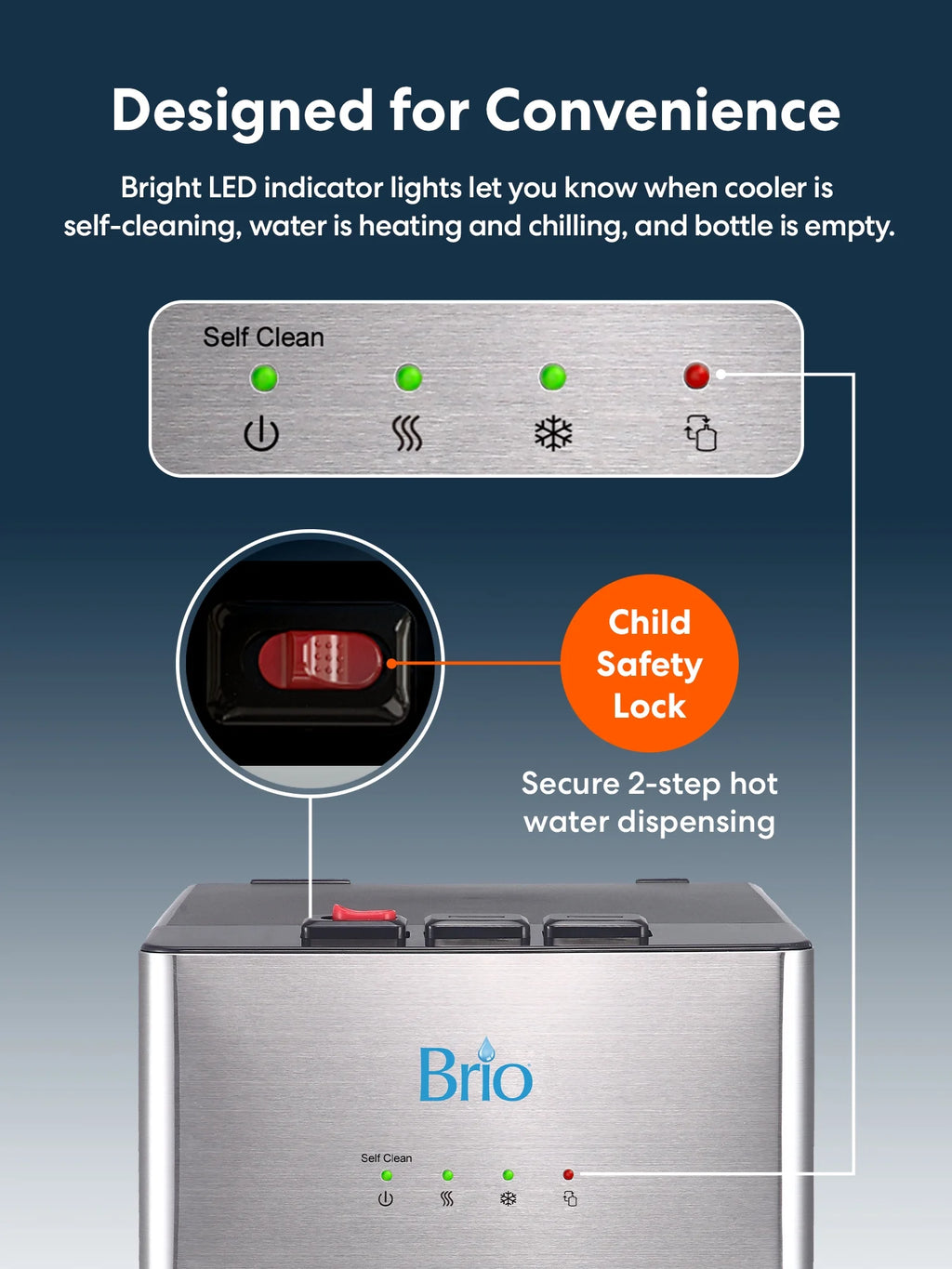 Brio 500 Series Self Cleaning Bottom Loading 3-5 Gallon Capacity Tri-Temperature Water Cooler Dispenser with Hot Water Up To 198 Degrees, Cold Water Down To 39 Degrees and Room Temperature Water