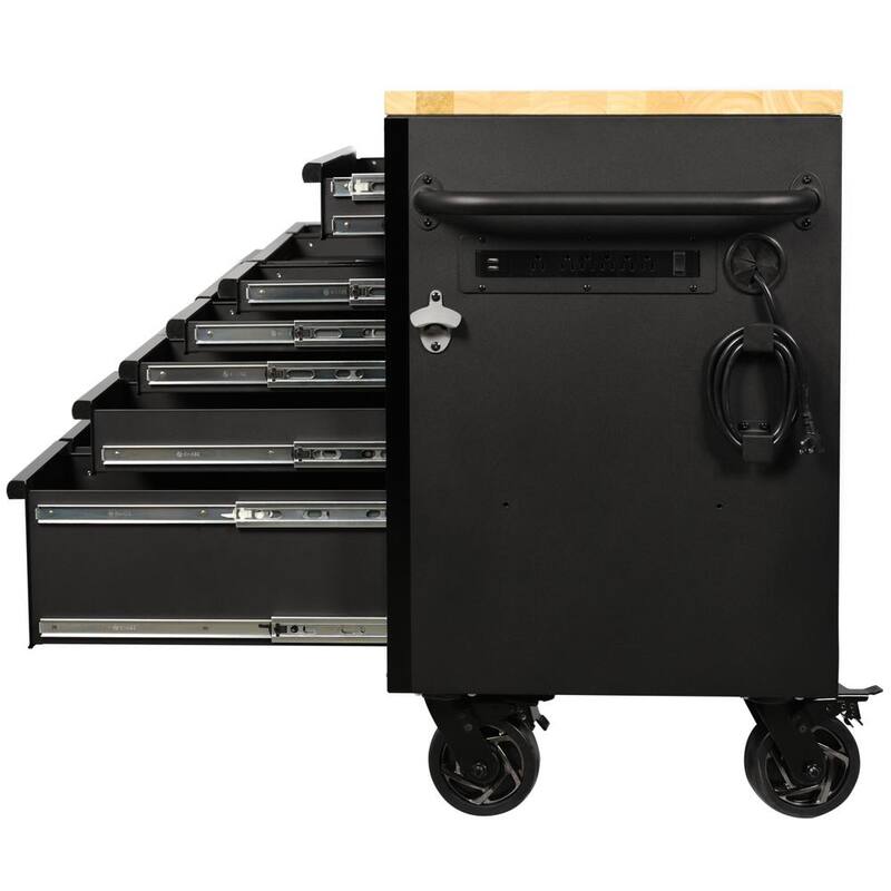 61 in. W x 23 in. D Heavy Duty 15-Drawer Mobile Workbench Tool Chest with Solid Wood Top in Matte Black