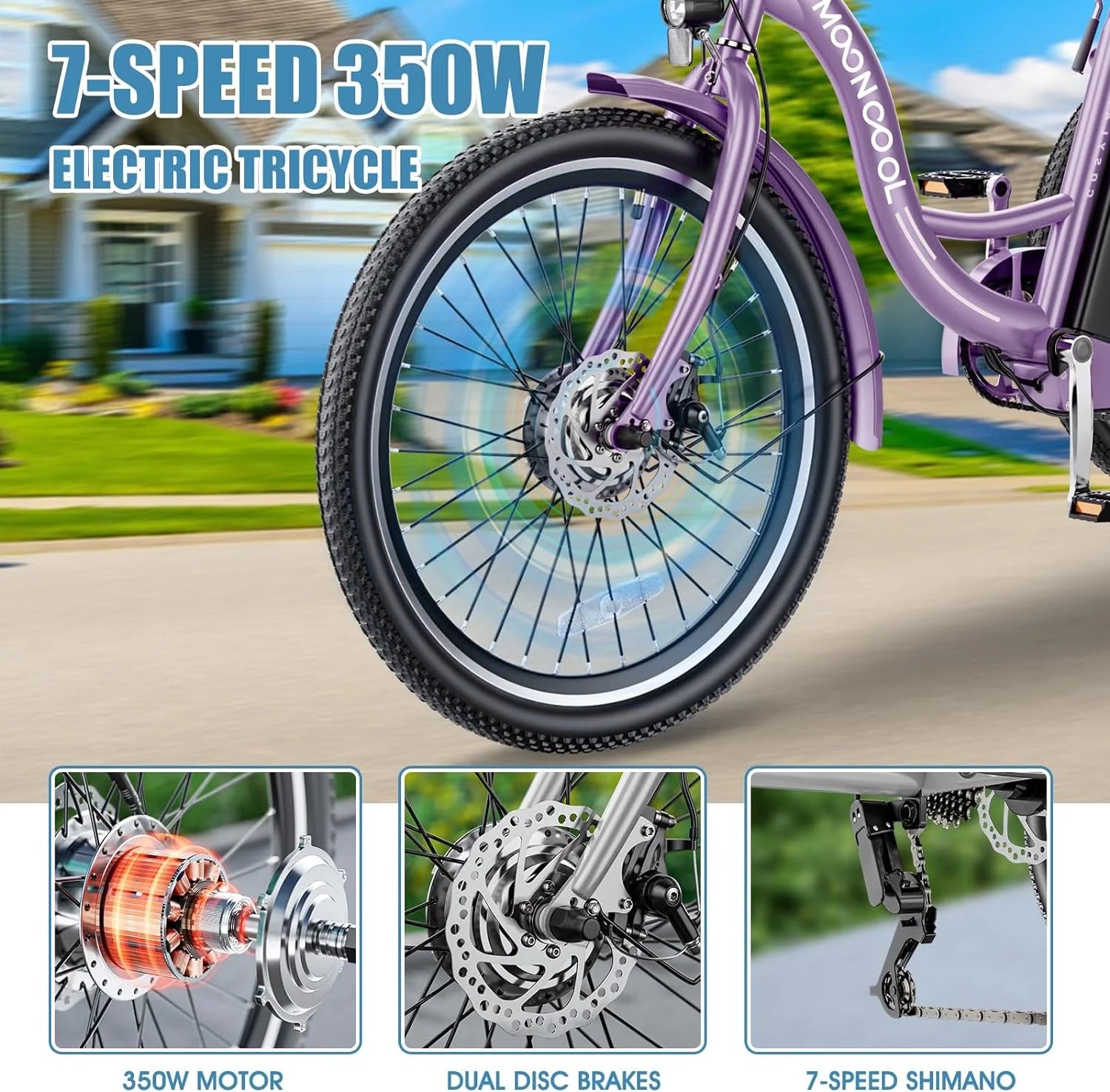Mooncool 24" 26" 3 Wheel Electric Tricycle for Adults, 350W 36V 7 Speeds Motorized Electric Trike Three Wheel Electric Bikes Bicycle with Large Basket & Accessories for Women Men
