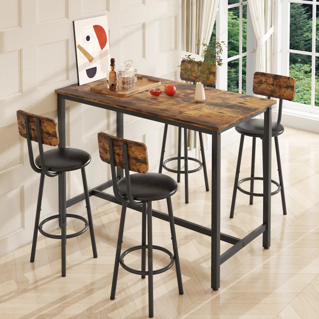 5 Piece Bar Table Set, Modern Counter Height Dining Set, Home Dining Table and Chairs Set for 4, Kitchen Breakfast Table Set with 4 Cushioned Stools, Bistro Pub Table Set, Rustic Brown