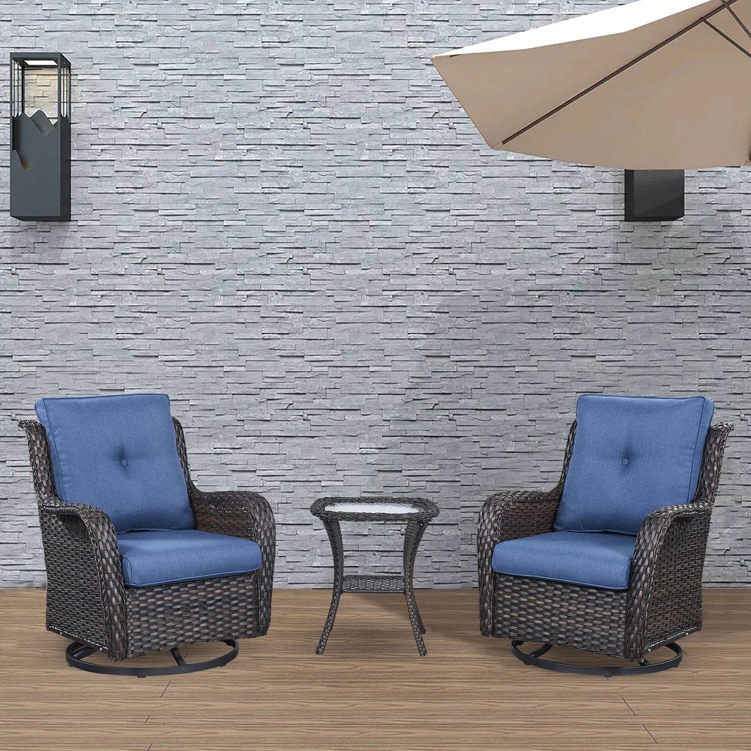 PARKWELL 3-Piece Outdoor Swivel Gliders with Side Table - Patio Wicker Bistro Furniture Set for Porch Deck Backyard - Blue Cushioned Swivel Rocking Chairs in Brown Wicker