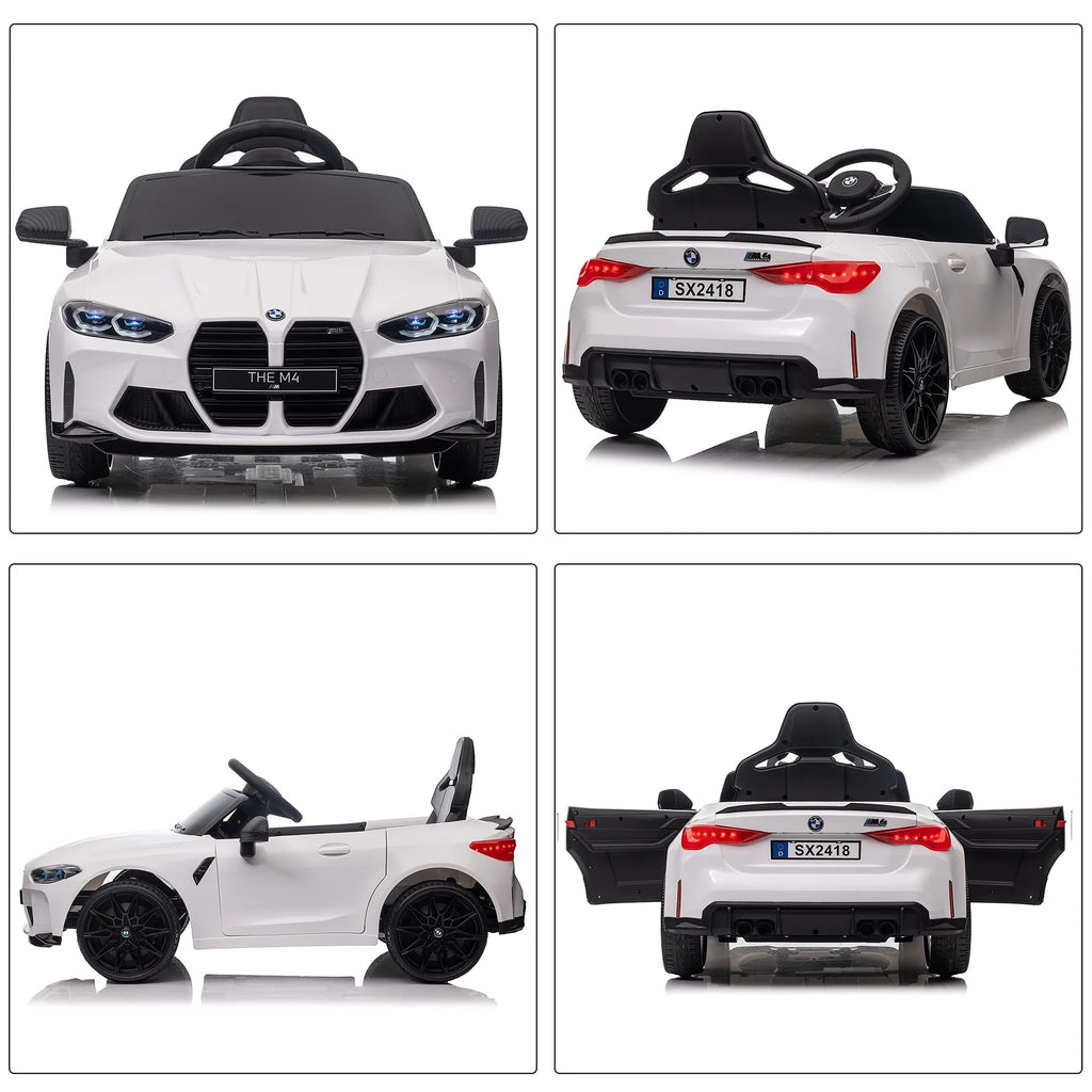 Track 7 12V Ride on Car, Licensed BMW M4 Electric Car, Kids Ride on Car with Remote Control, Bluetooth, Lights, Portable Handle, White
