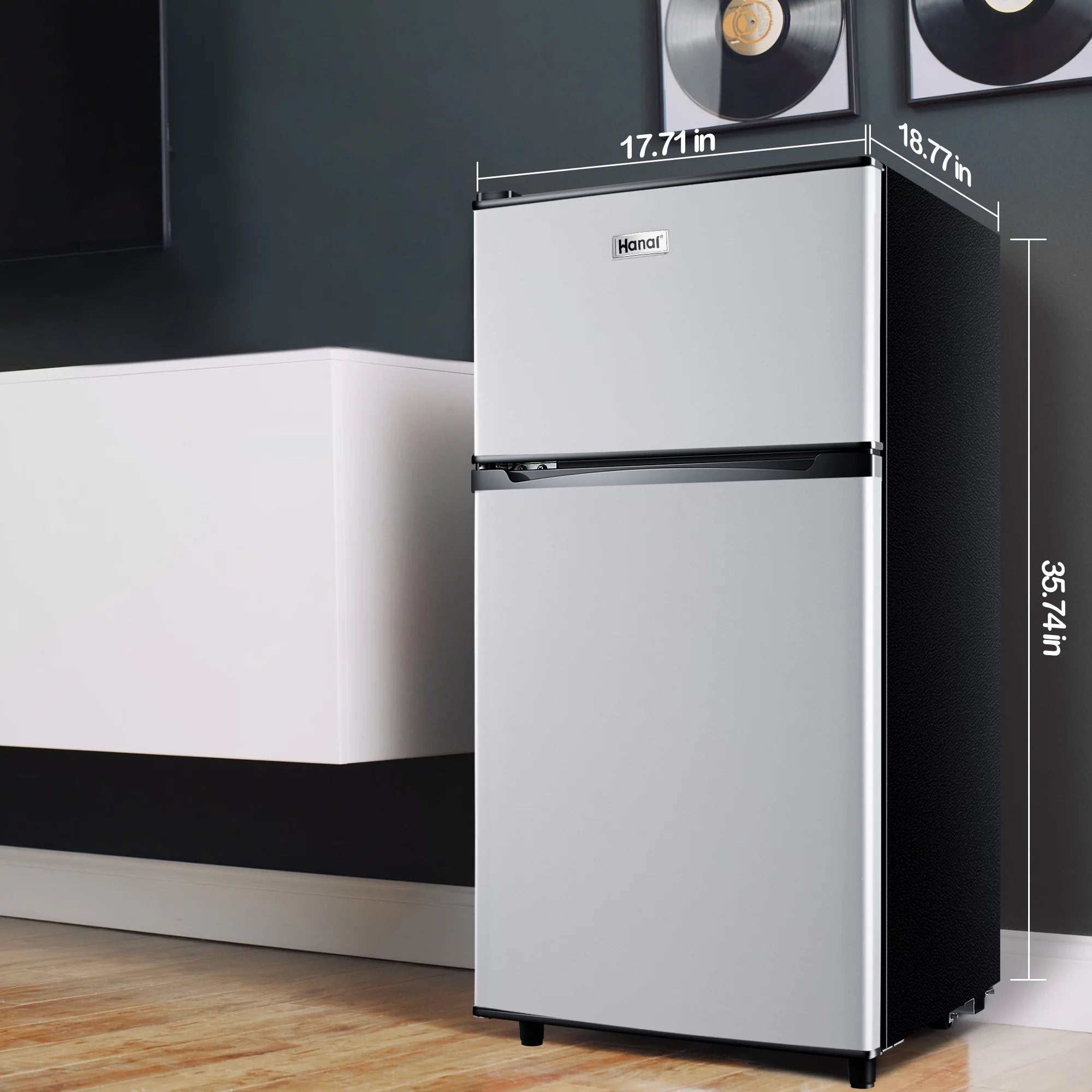 WANAI 3.5 Cu ft Two Door Mini Fridge with Freezer, Silvery