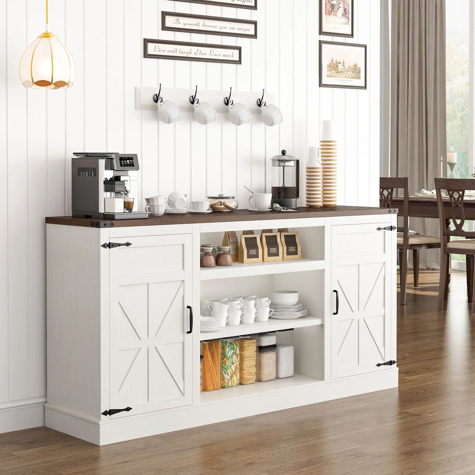 4 Layer Farmhouse Coffee Bar Cabinet With Power Outlet & LED Light, 57" Barn Door Buffet Cabinet Kitchen Storage With Adjustable Shelves(Brown)