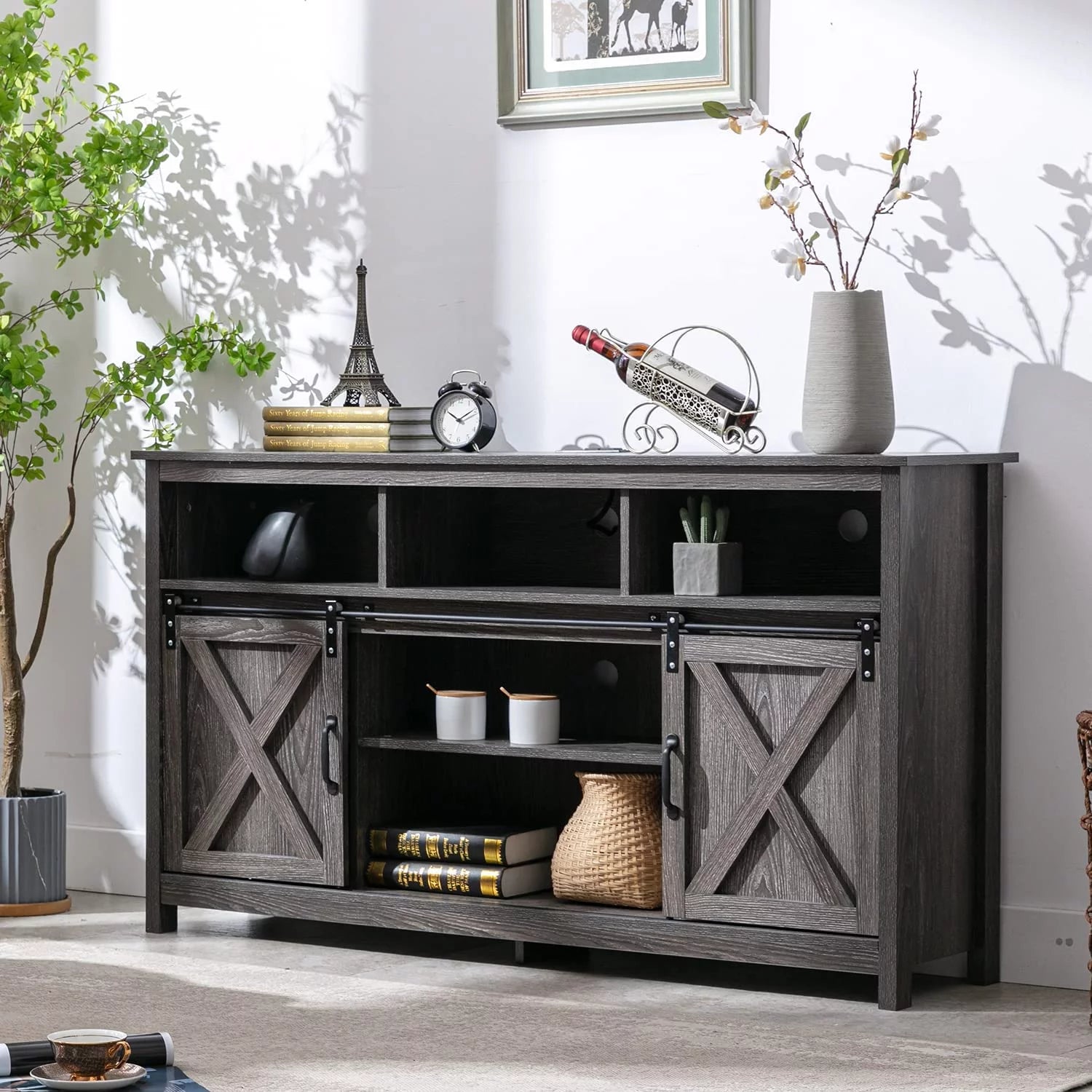 4 Layer Farmhouse Coffee Bar Cabinet With Power Outlet & LED Light, 57" Barn Door Buffet Cabinet Kitchen Storage With Adjustable Shelves(Brown)