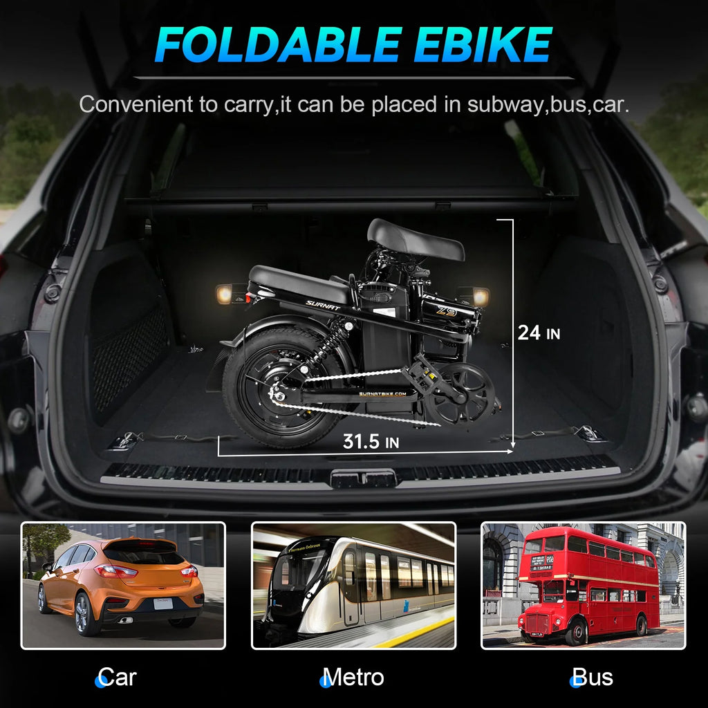 SURNAT Z9 Folding Electric Bike Full Suspension 400W (Peak 600W) 48V 13Ah Removable Battery 23MPH 14" x 2.1 Fat Tire ebikes Commuter Electric Bicycle
