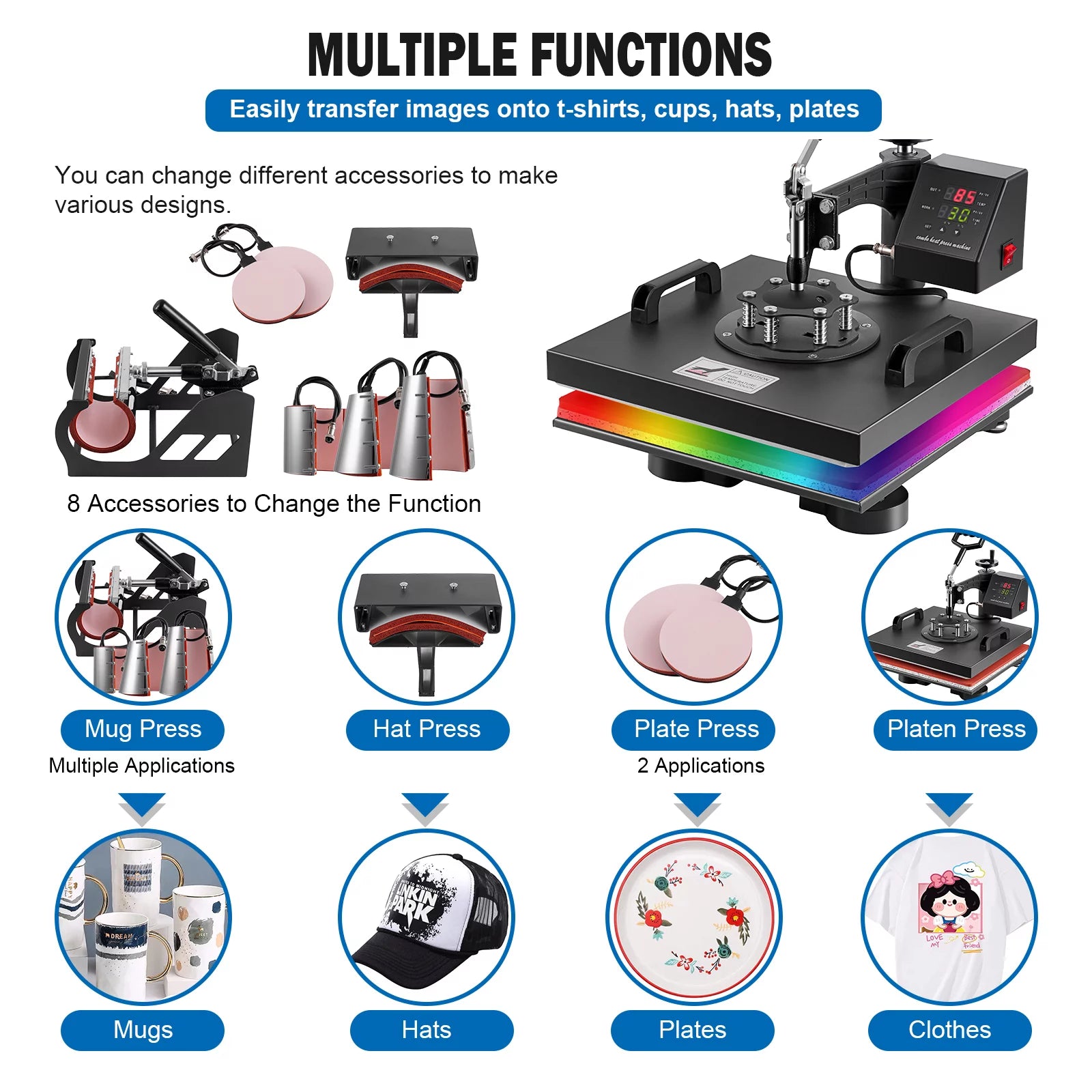 SHZOND 8 in 1 Heat Press Machine 15x15 inch Multifunction Heat Press Transfer Machine Sublimation Combo for T-Shirt Hat Cap Mug Plate