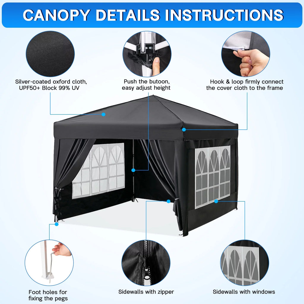 Suteck 10x10 FT Pop Up Canopy Tent with Sidewalls,Outdoor Waterproof Canopy Tents for Backyard Parties,Outside Instant Commercial Enclosed Gazebo Tent with 4 Weight Bags,Black