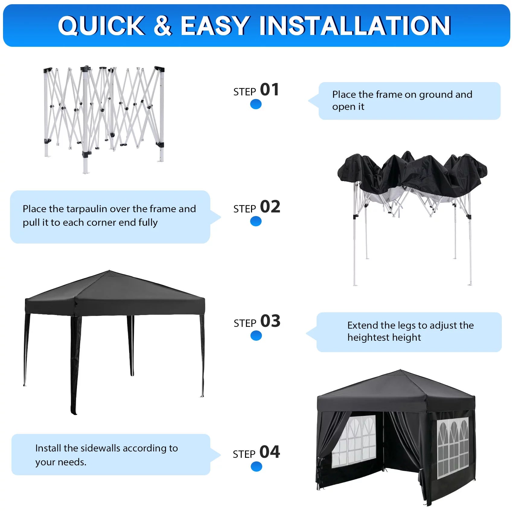 Suteck 10x10 FT Pop Up Canopy Tent with Sidewalls,Outdoor Waterproof Canopy Tents for Backyard Parties,Outside Instant Commercial Enclosed Gazebo Tent with 4 Weight Bags,Black