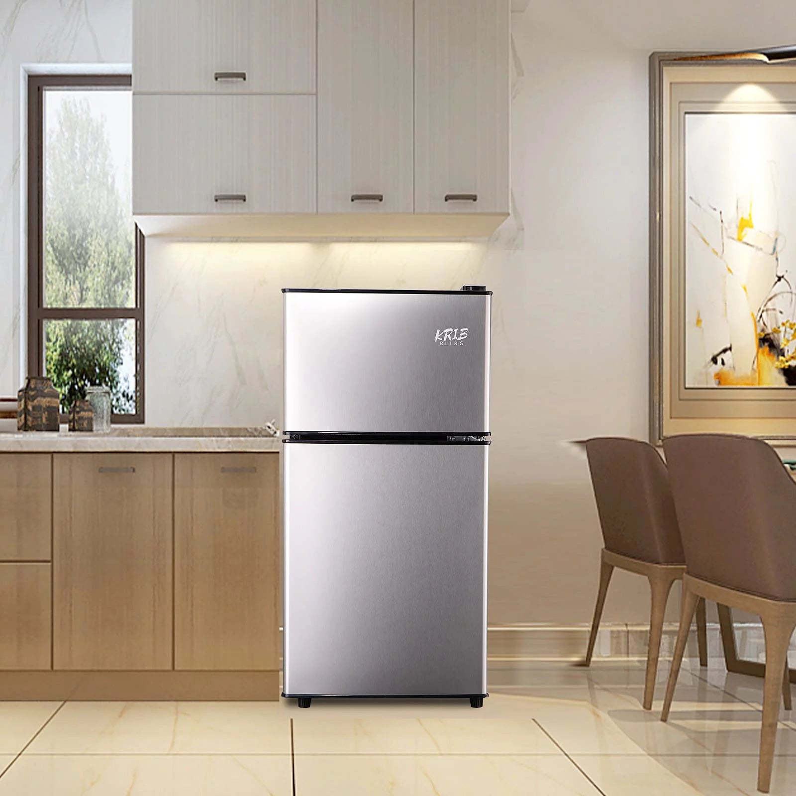 KRIB BLING 3.5 Cu.ft Compact Refrigerator Mini Fridge with Freezer, 2 Door Small Refrigerator for Office, Silver