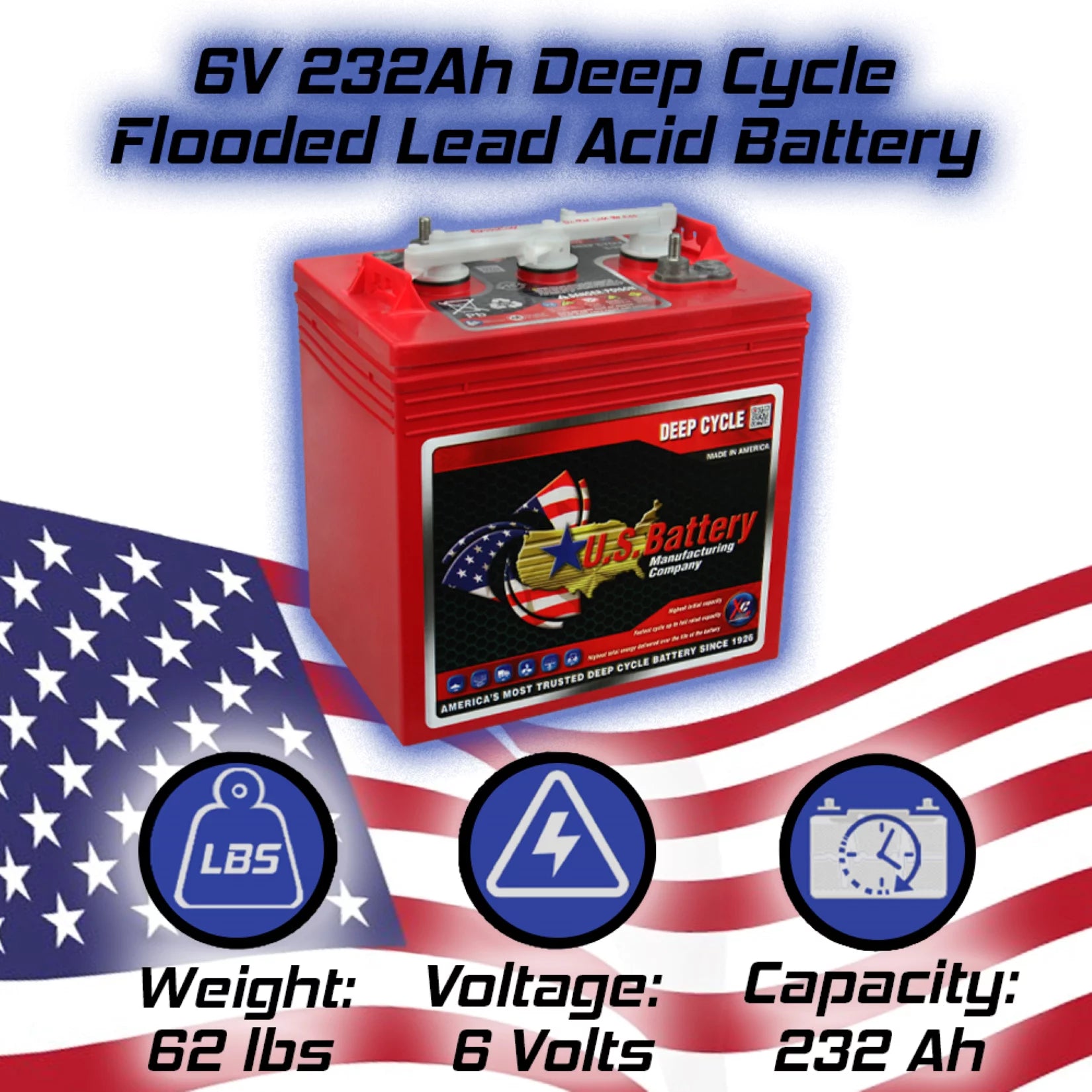 US Battery 6V 232 Ah Deep Cycle FLA Battery: GC2 Group Size, 4 Pack