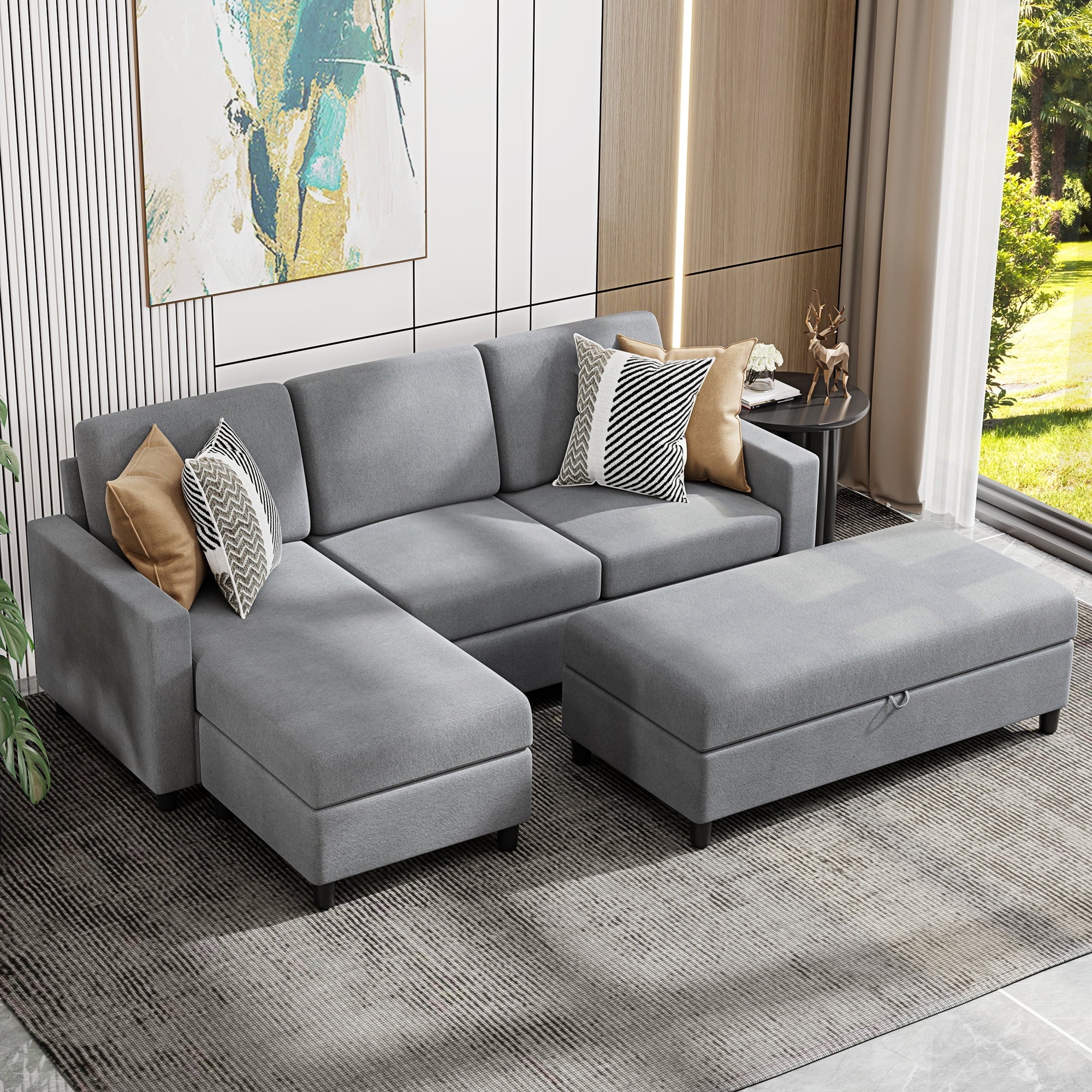 Walsunny Linen Fabric Convertible L-Shaped Sectional Sofa(Dark Gray)