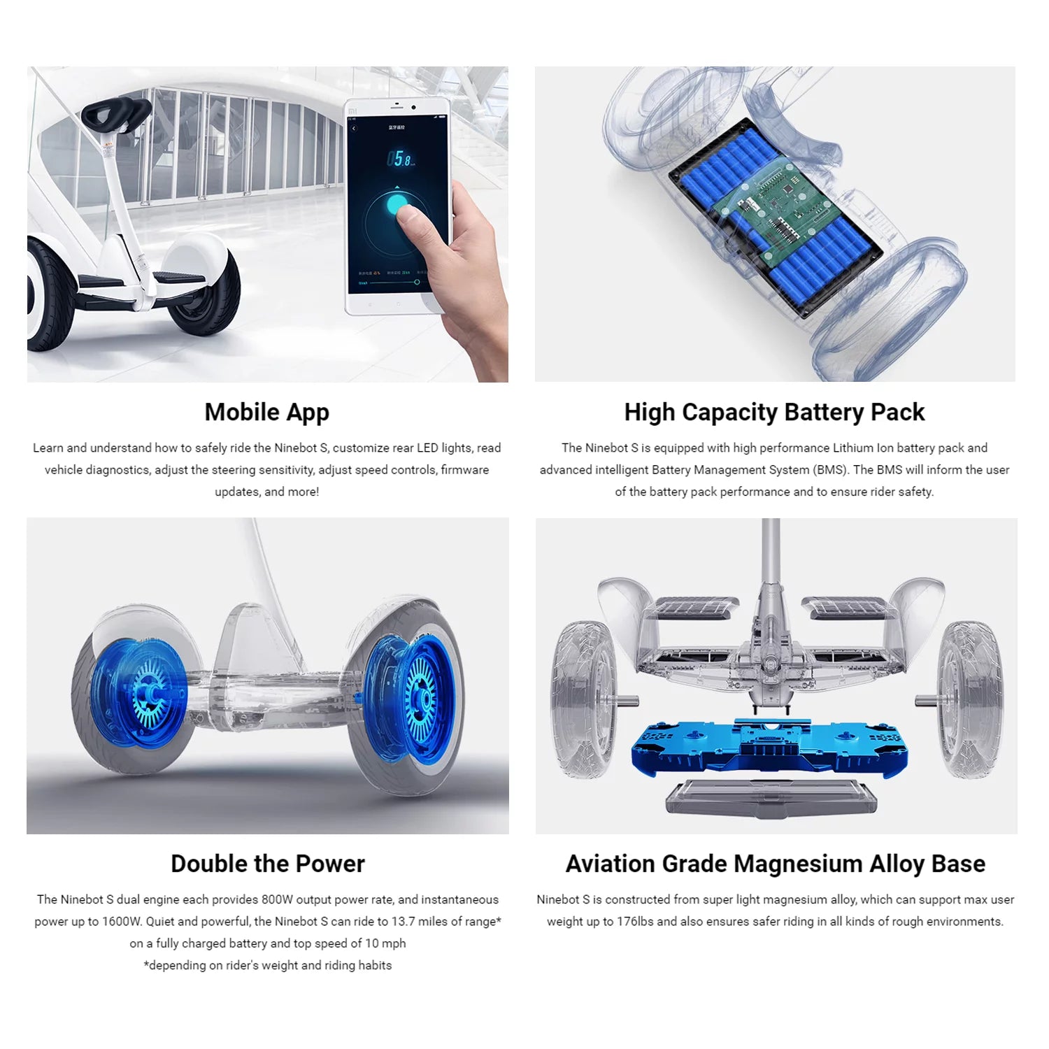 Ninebot S by Segway Smart Self Balancing Transporter 13.7 Mile Range, 10 MPH of Top Speed, 10.5-Inch Pneumatic Air Filled Tires, Mobile App Control, Customizable LED Lights (White)